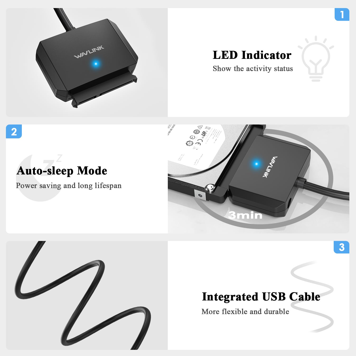 WAVLINK USB 3.0 to SATA Hard Drive Adapter Cable 5Gbps UASP WL-U35SATA PVC Black for 2.5" SSD 3.5" HDD