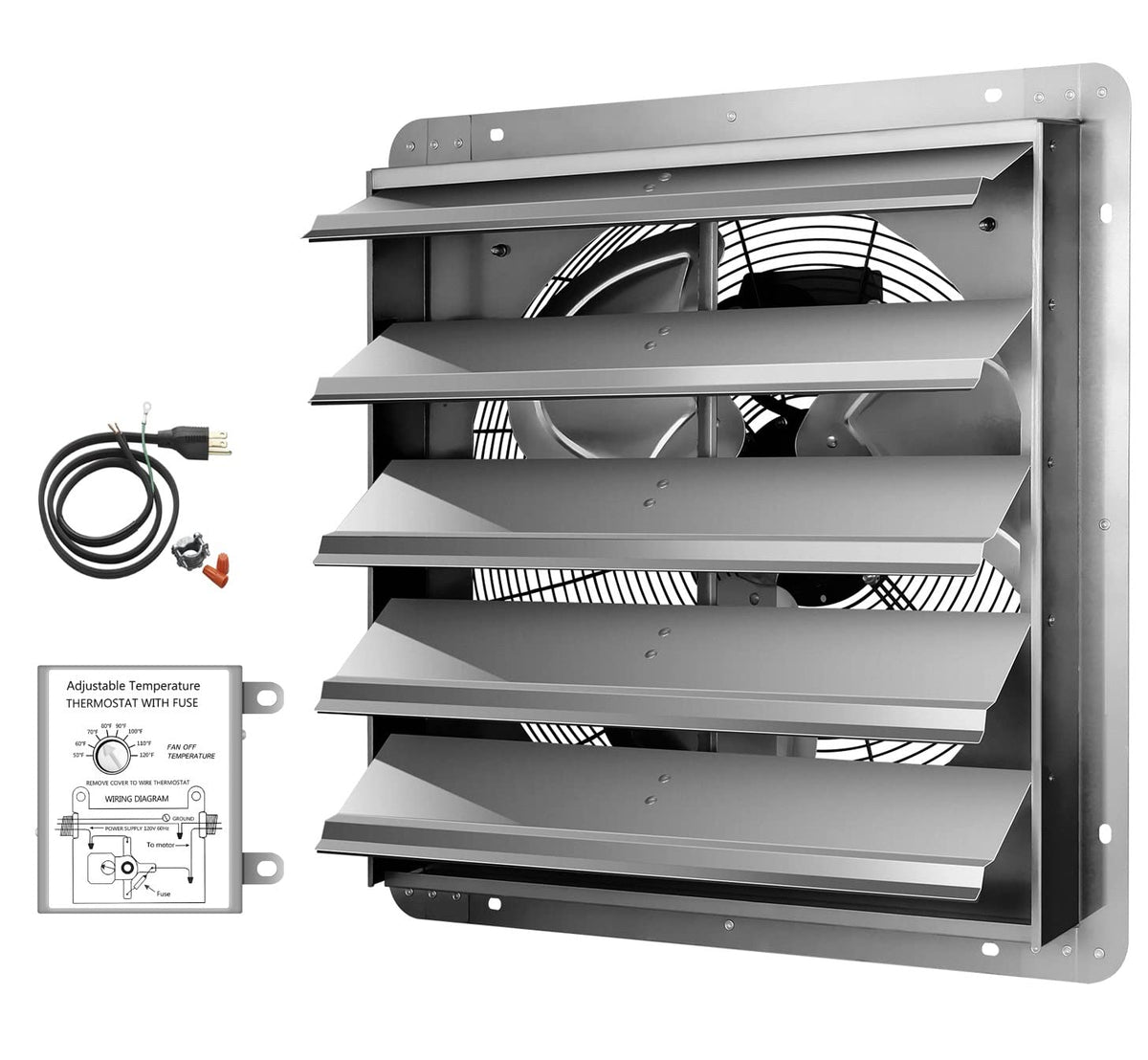 20 Inch Shutter Exhaust Fan Aluminum High Speed 1190Rpm, 3368 Cfm, Silver, With Adjustable Programmable Thermostat