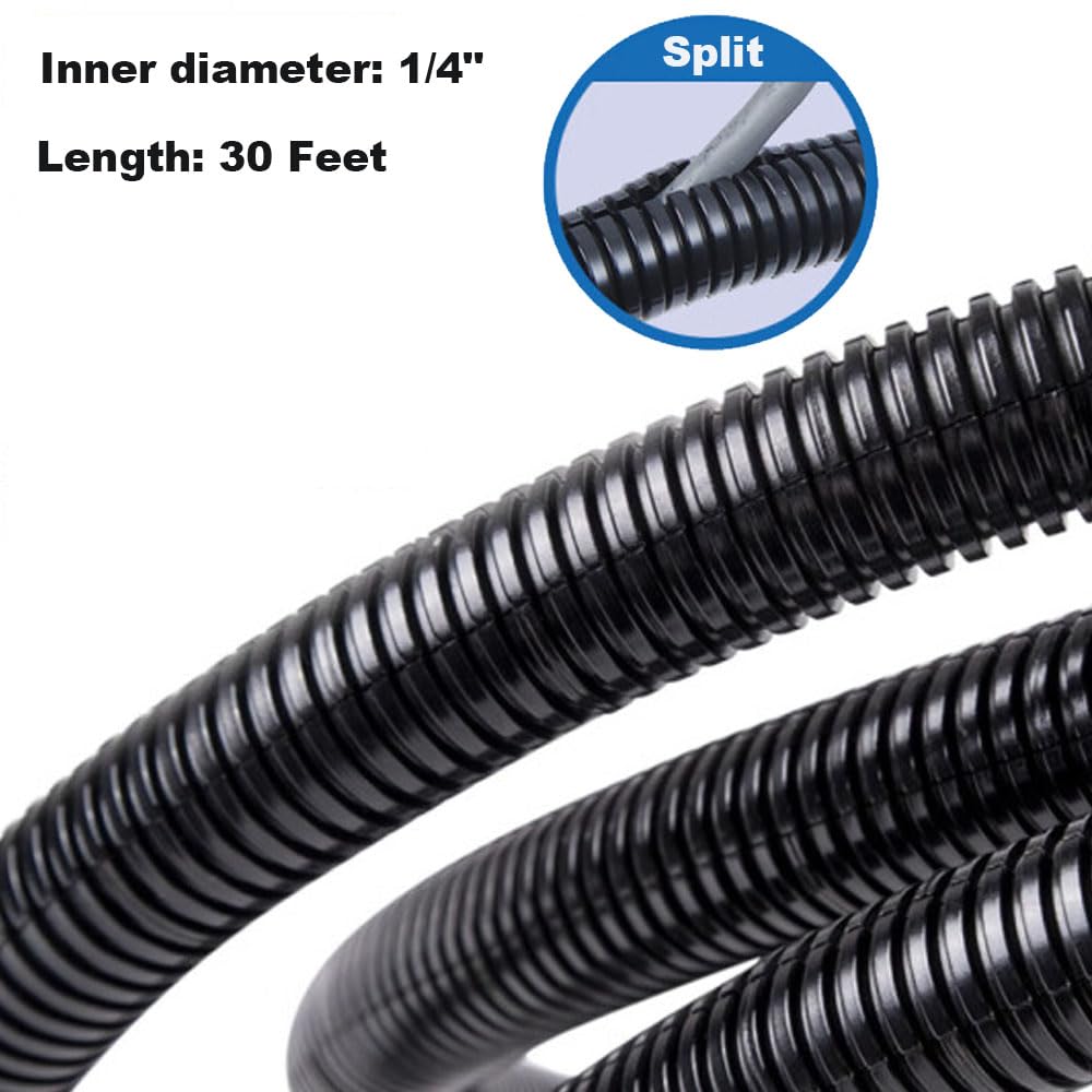 30 Ft 1/4    Wire Loom Split Tubing,Dog Cat Cord Protector,Split Wire Loom Tubing Wire Conduit   Black (30Ft 1/4'')