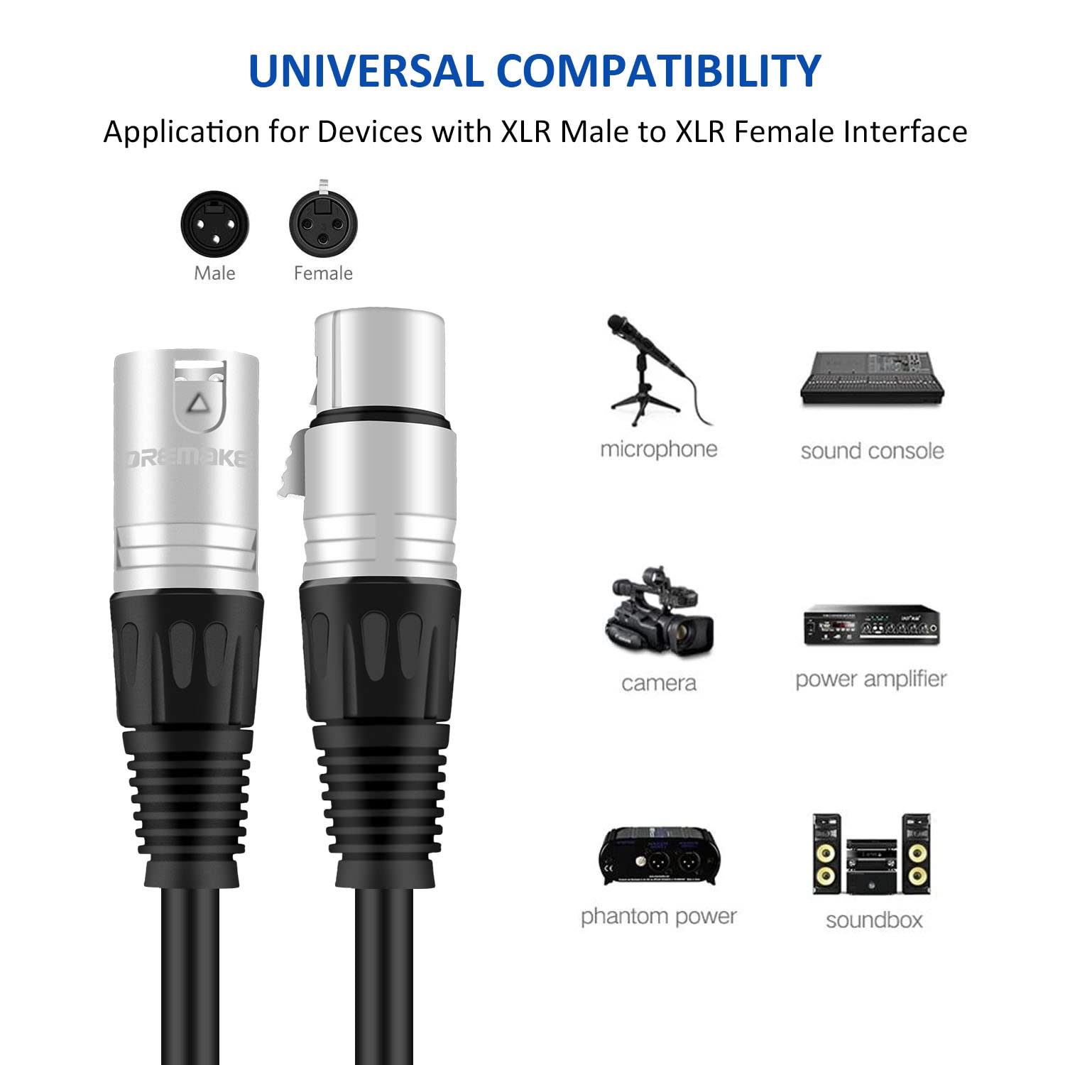 Dremake 33Ft Xlr Cable - Male To Female Balanced Patch Cord For Microphone, Dj, Pro & Live Sound - Black