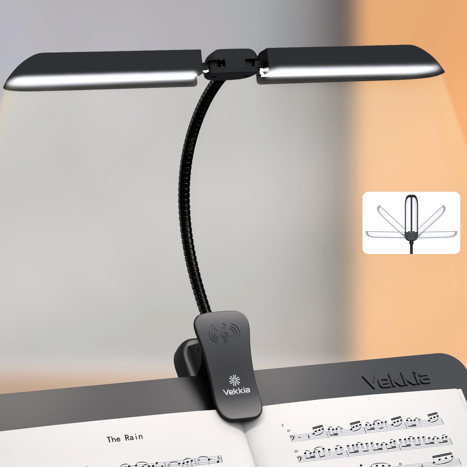 Vekkia Folding Music Stand Light, Portable 42 Led Rechargeable Super Bright Clip On Piano Lamp, Professional 5 Brightness   3 Co