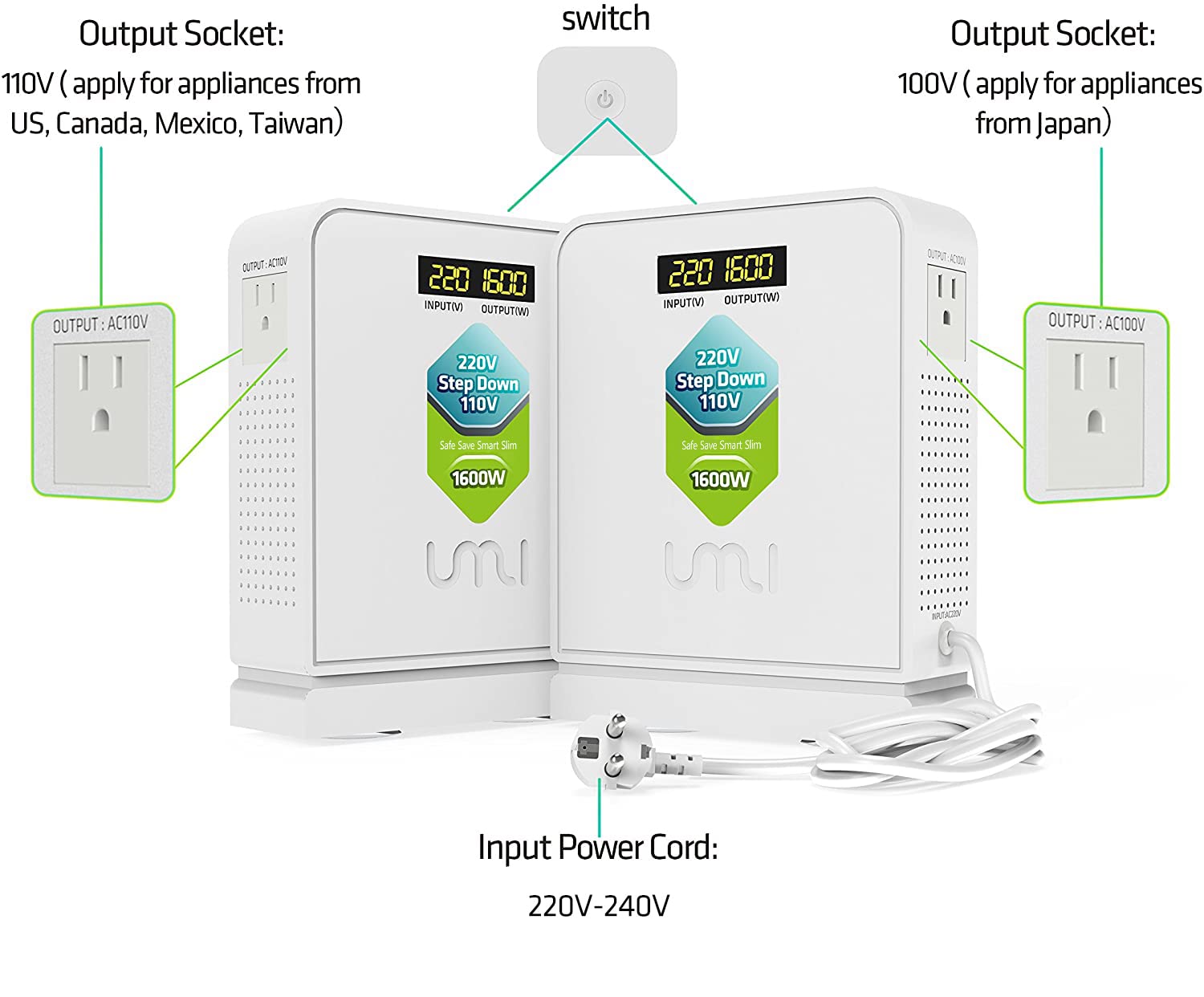 Umi 220V To 110V Voltage Power Converter Step Down Transformer 1600 Watts Capacity With 2 Output Voltages 110V And 100V, White