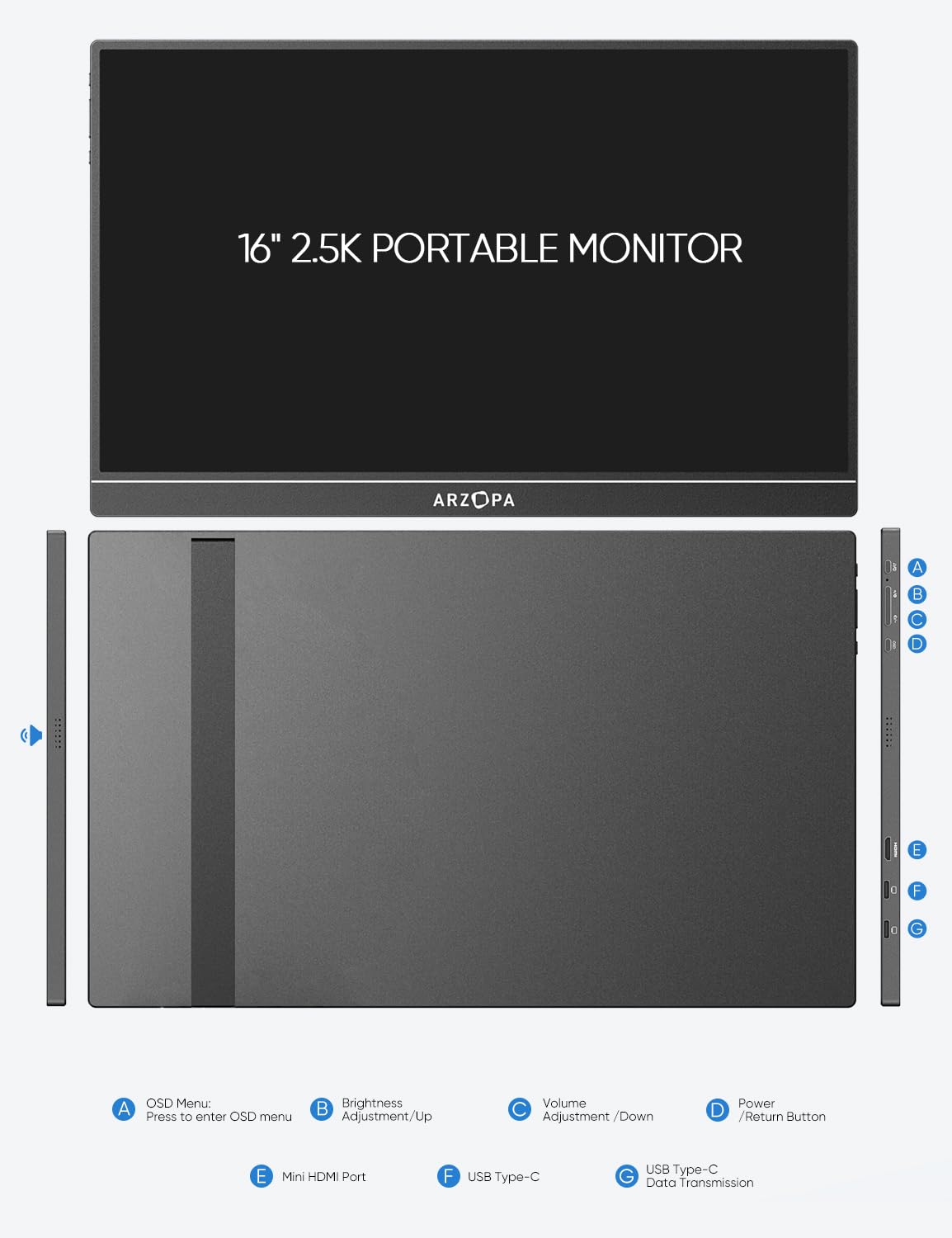 Arzopa 16'' 2.5K Portable Monitor, 2560X1600 Qhd Ips Display 123% Srgb With Built In Stand Usb C Hdmi Eye Care External Second S