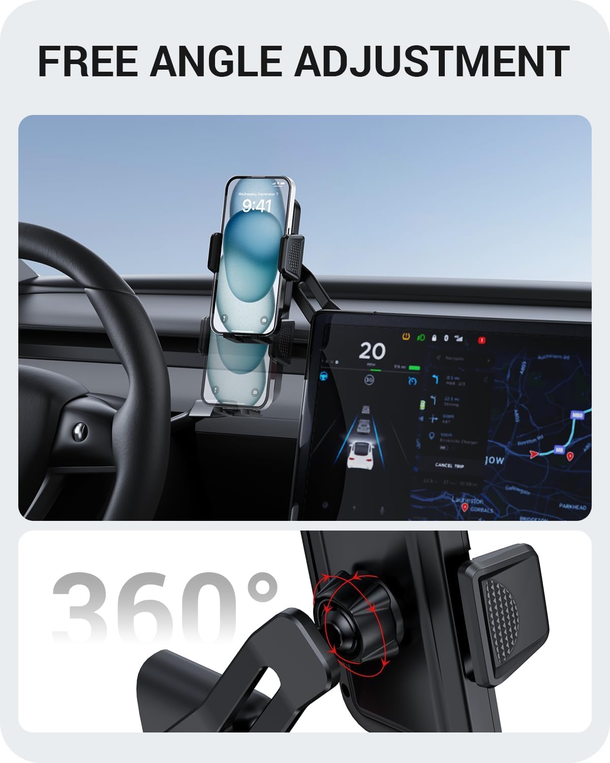 Basenor Upgraded Tesla Phone Mount Holder [Large Screen User Friendly] Model 3 Y Strong Adhesion 360 Swivel Cell Phone Stand Tes