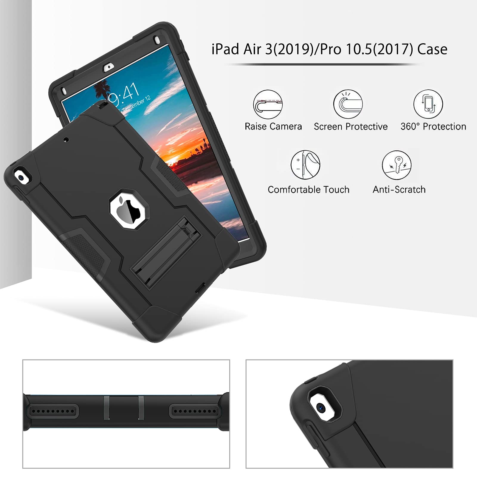 Bentoben For Ipad Air 3 2019 Case, Ipad Pro 10.5'' 2017 Case, 3 Layers Heavy Duty Rugged Shockproof Kickstand Sturdy Protective