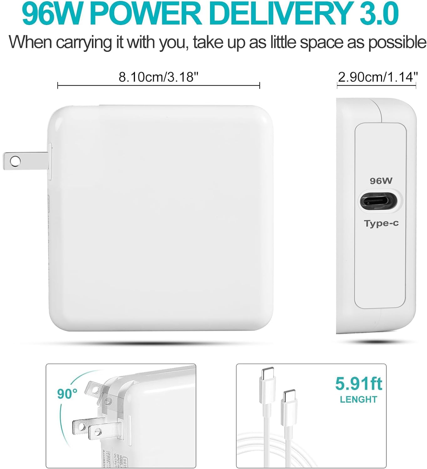 Macbook Usb C Charger For Macbook Air/Macbook Pro/Mac Charger Usb C Laptop Chargers, 96W Mac Book Pro Charger Block, Usbc Computer Power Adapter, Included Type C Cable