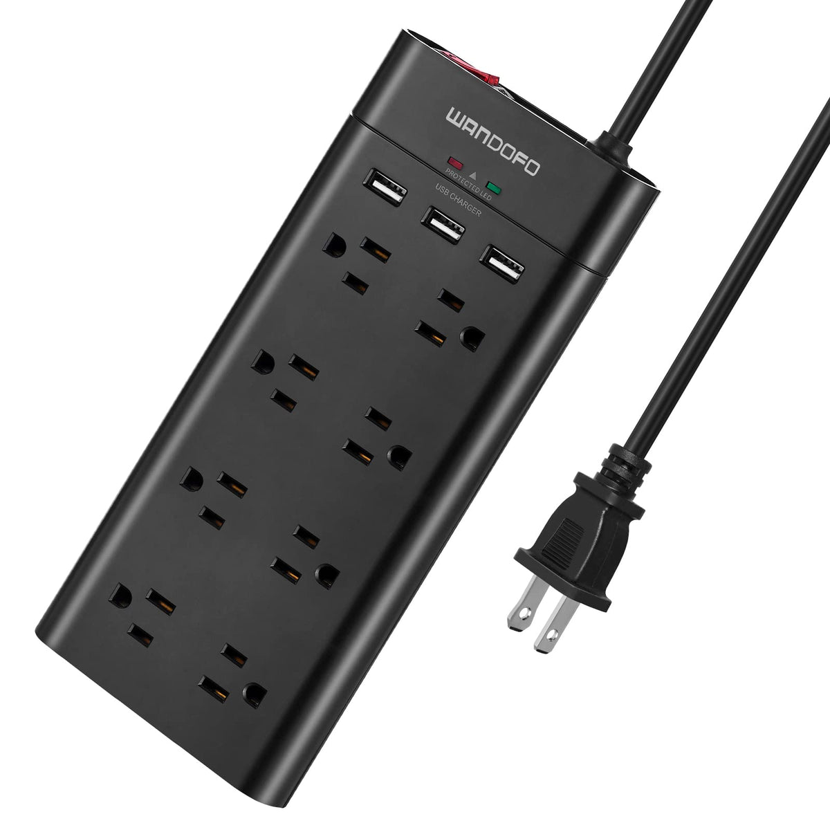 Wandofo 2 Prong 8 Outlet Power Strip, 6 Ft Extension Cord With 3 Usb Ports, 1625W 1050J Surge Protector, 2 Prong To 3 Prong Mult