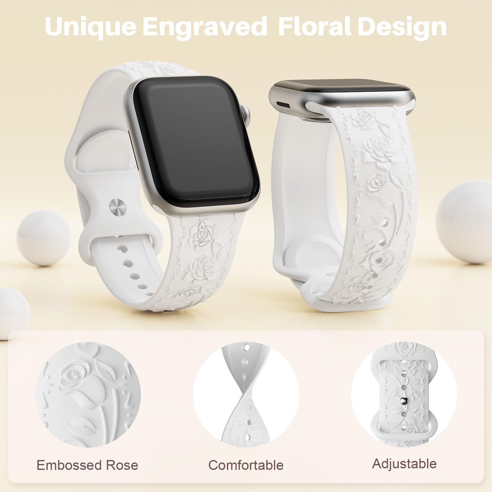 Floral Engraved Band Compatible With Apple Watch Band 40Mm 41Mm 38Mm 42Mm 44Mm 45Mm 46Mm 49Mm Women, Soft Silicone Embossed Flow