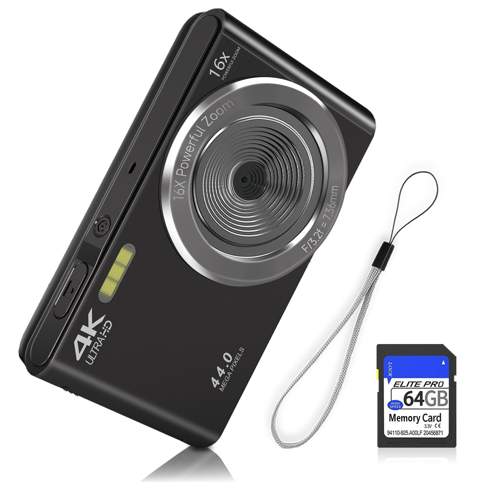 Digital Camera, Fhd 1080P 44Mp Digital Camera For Kids Video Camera With 64Gb Sd Card 16X Digital Zoom, Compact Point And Shoot 