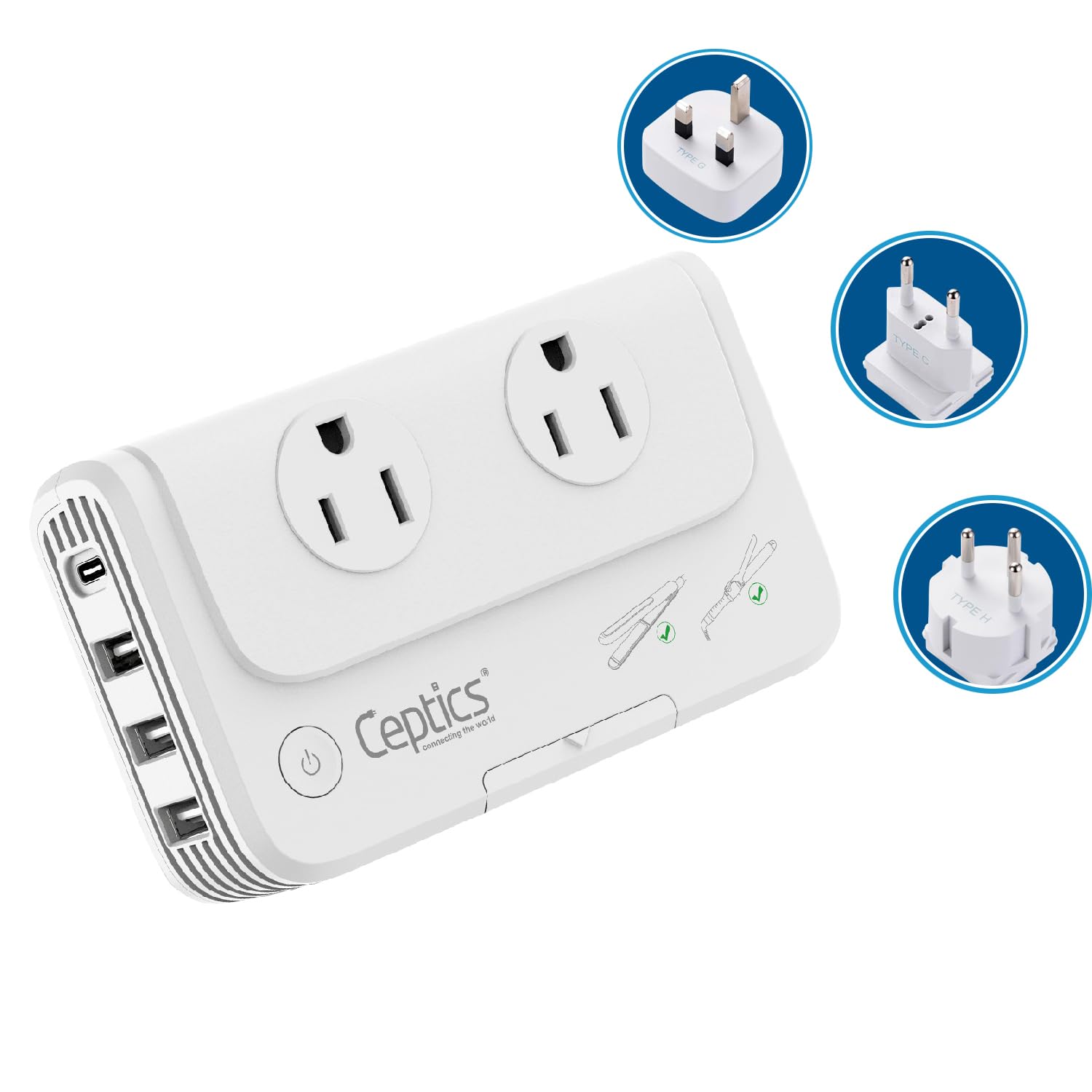 Ceptics Egypt, Dubai, Jordan Voltage Converter, Convert 220V to 110V for Devices Like Curling Iron Straightener Chargers 4 USB P