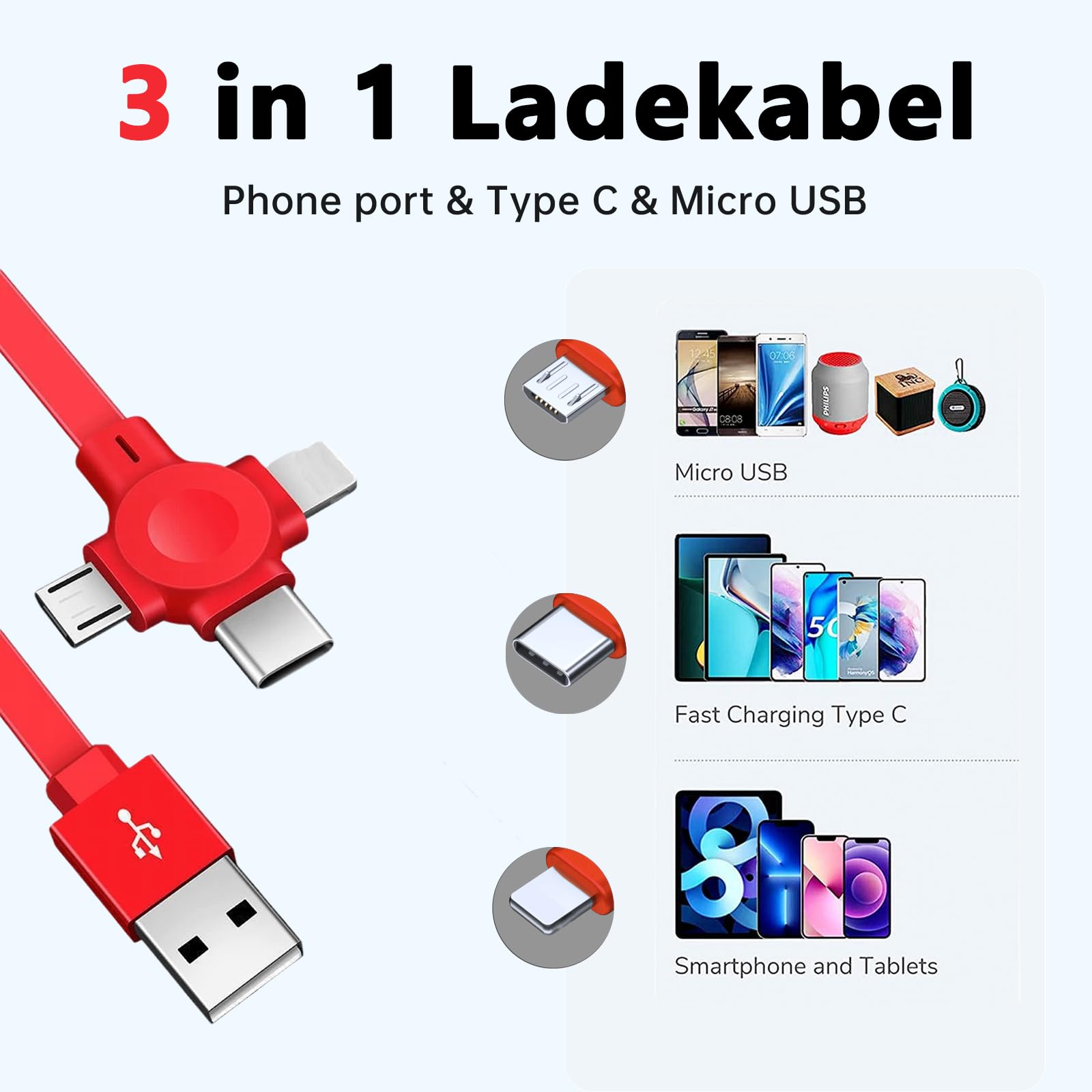 Gartmost Three In One Charging Cable Cord. 3 In 1 Charging Cable Retractable. Compatible Usb C(Type C)/Micro Usb/Ip, Compatible