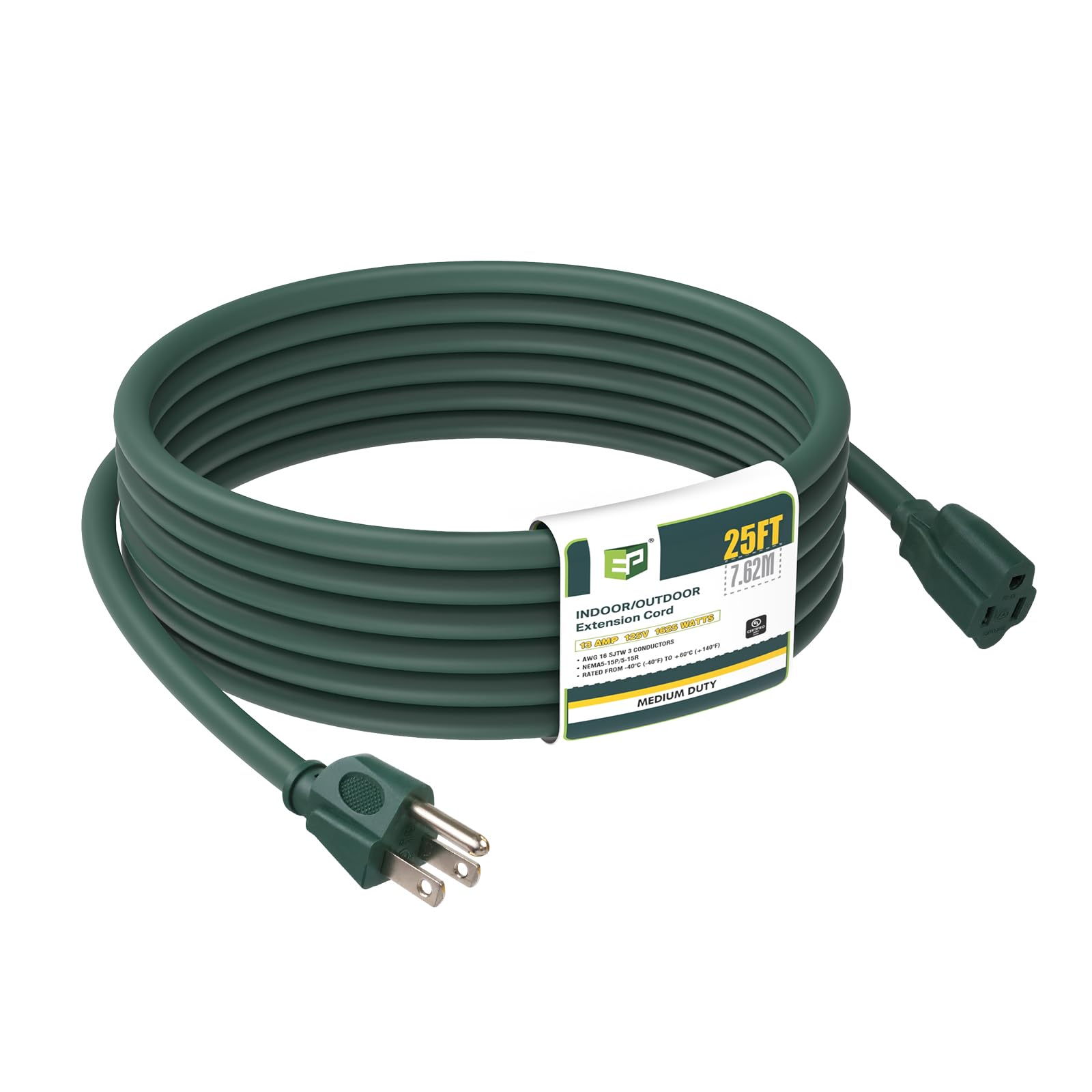 Ep 25Ft Green Outdoor Extension Cord, 16/3 Sjtw Heavy Duty Waterproof, 3 Prong Grounded Plug, 13A 1625W 16Awg, Cold Resistant Fl