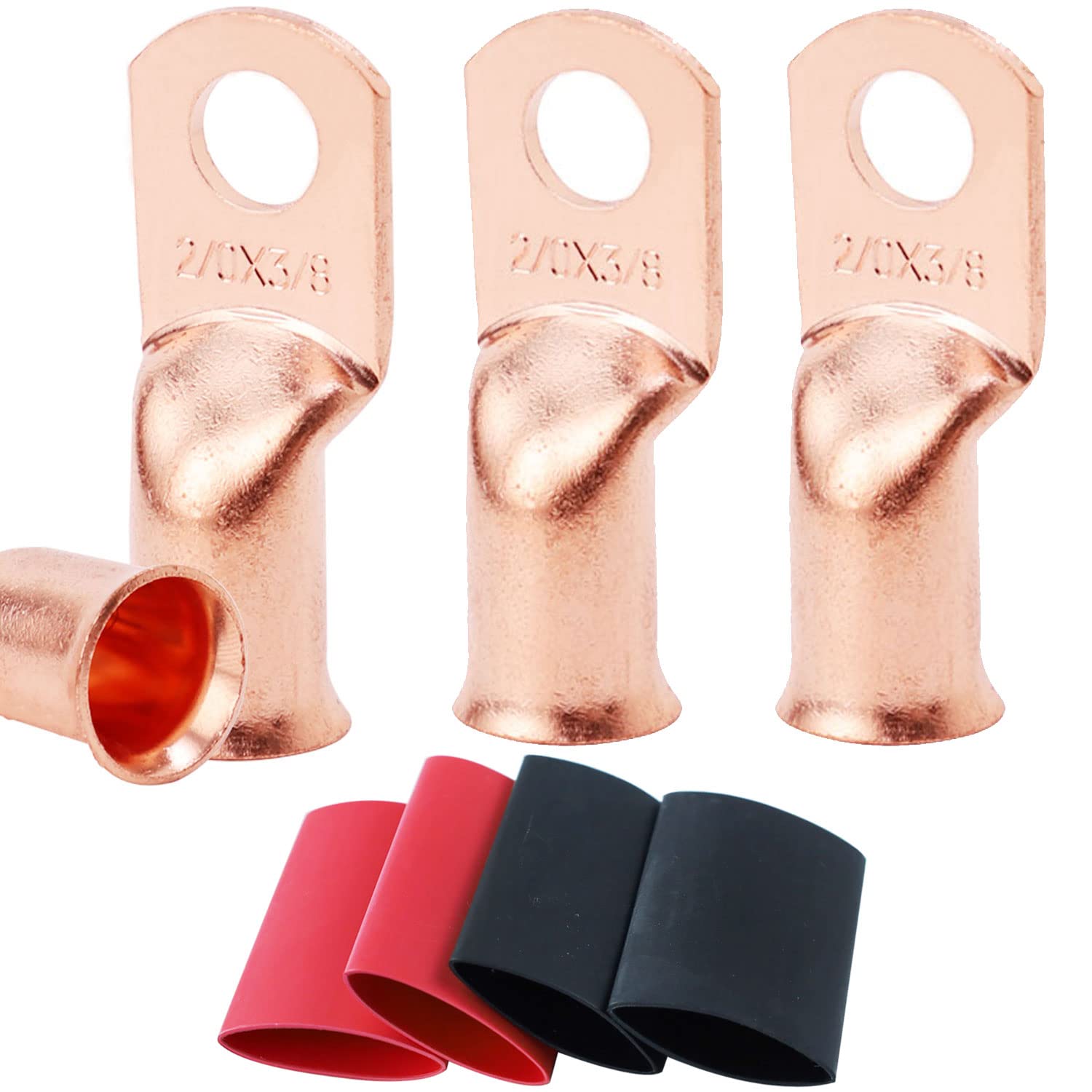 Tkdmr 4Pcs 2/0 Awg 3/8'' Battery Lugs,Copper Wire Lugs,Heavy Duty Battery Cable Ends,Tubular Ring Terminals,Awg Crimp Wire Ring