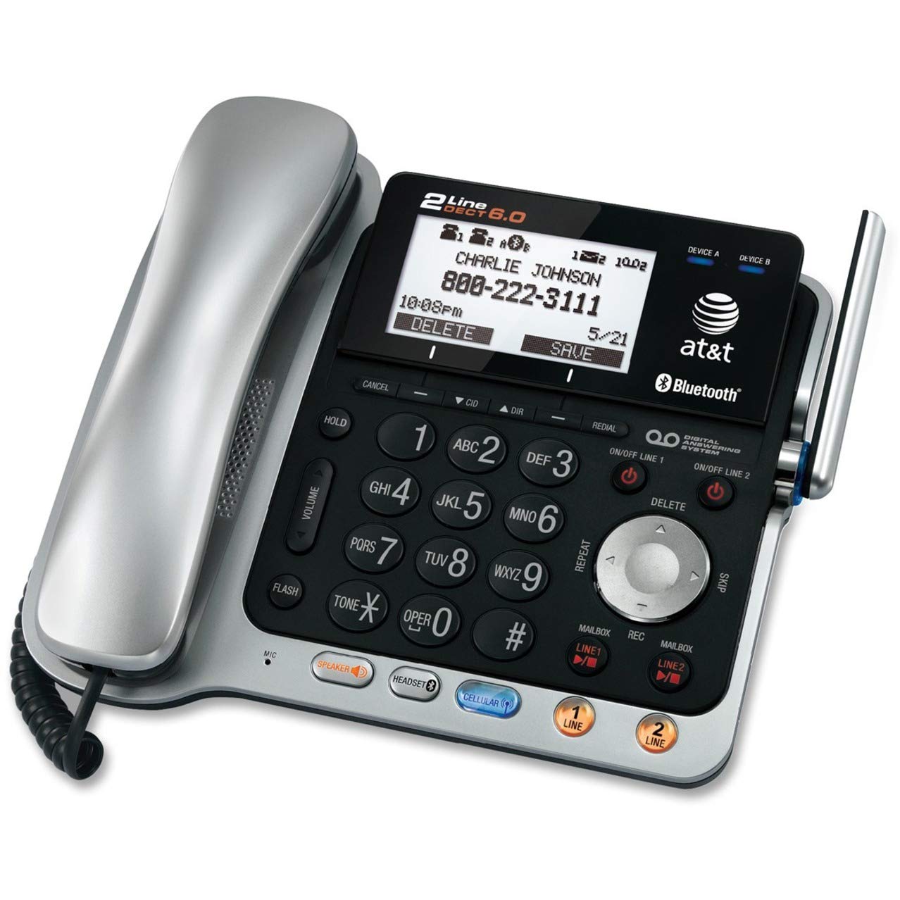 At&T Tl86109 Dect 6.0 2-Line Expandable Corded/Cordless Phone With Bluetooth Connect To Cell, Answering System And Base Speakerp