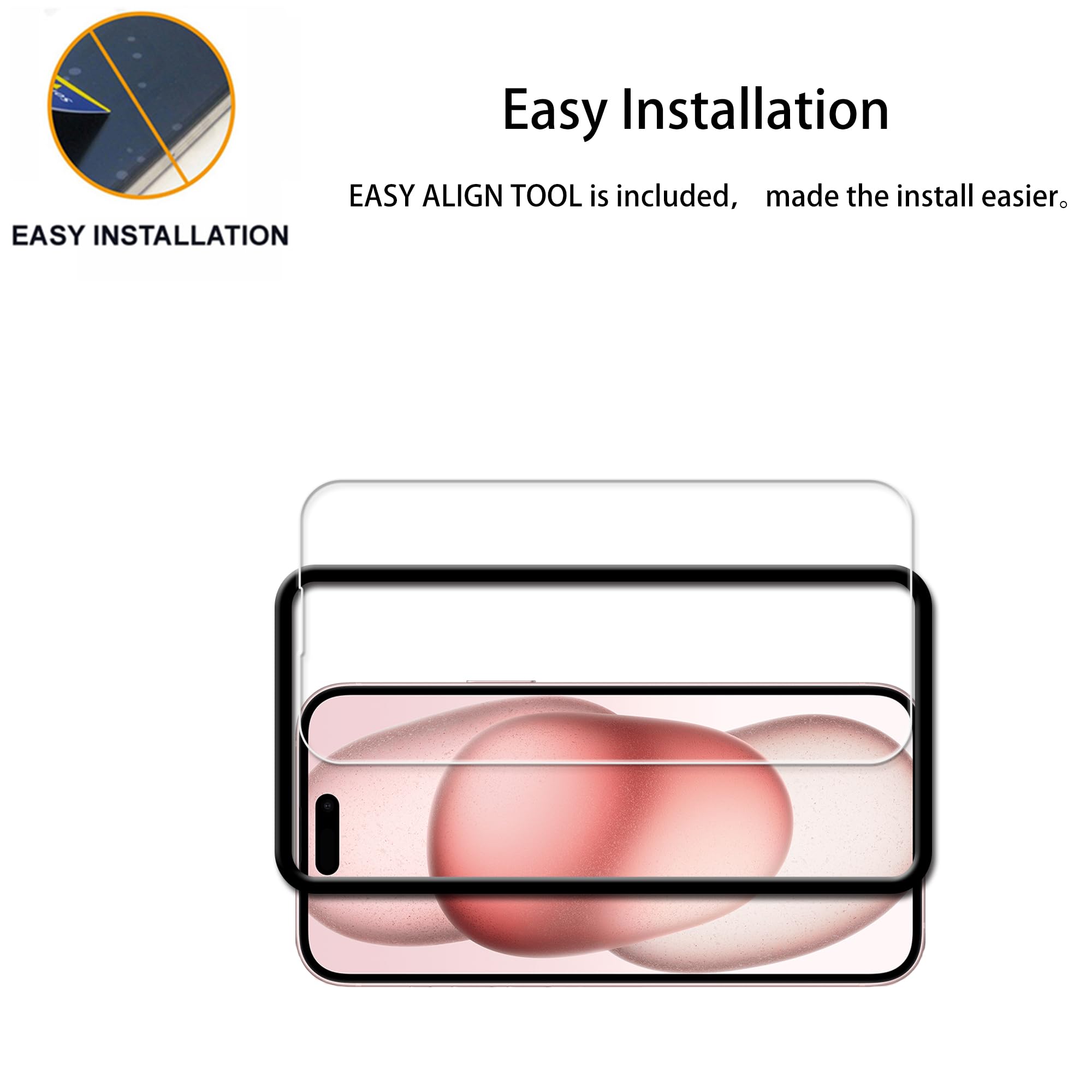 Hkkais Easy Alignment Frame Designed For Iphone15 Plus Tempered Glass Screen Protector 2 Pack Camera Lens Protector Film 2 Pack
