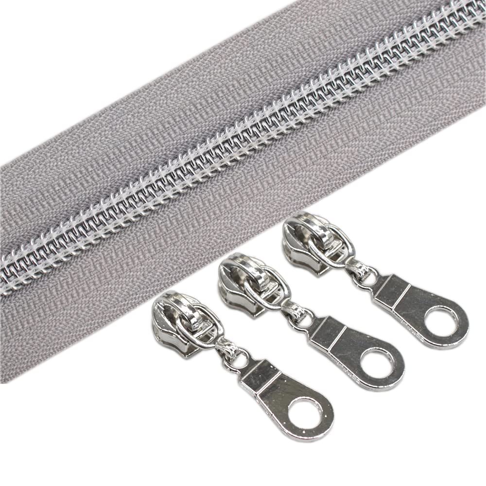 Yahoga 5 Silver Metallic Nylon Coil Zippers By The Yard Bulk Grey Tape 10 Yards With 25Pcs Sliders For Diy Sewing Tailor Craft B