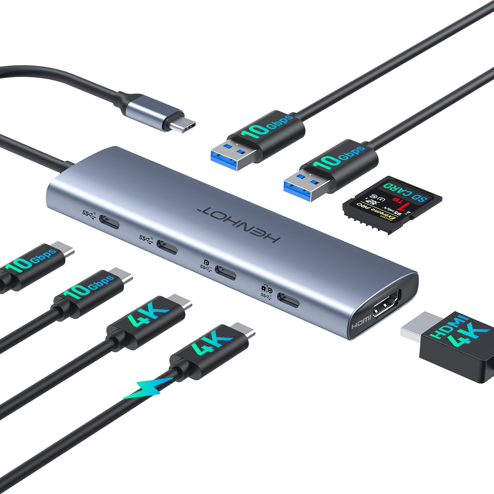 Versatile USB C Video Hub 3 Monitors Docking Station with DP Alt Dual 4K@30Hz, HDMI, 100W PD, 10Gbps*6Ports, SD 4.0, Laptop Dock
