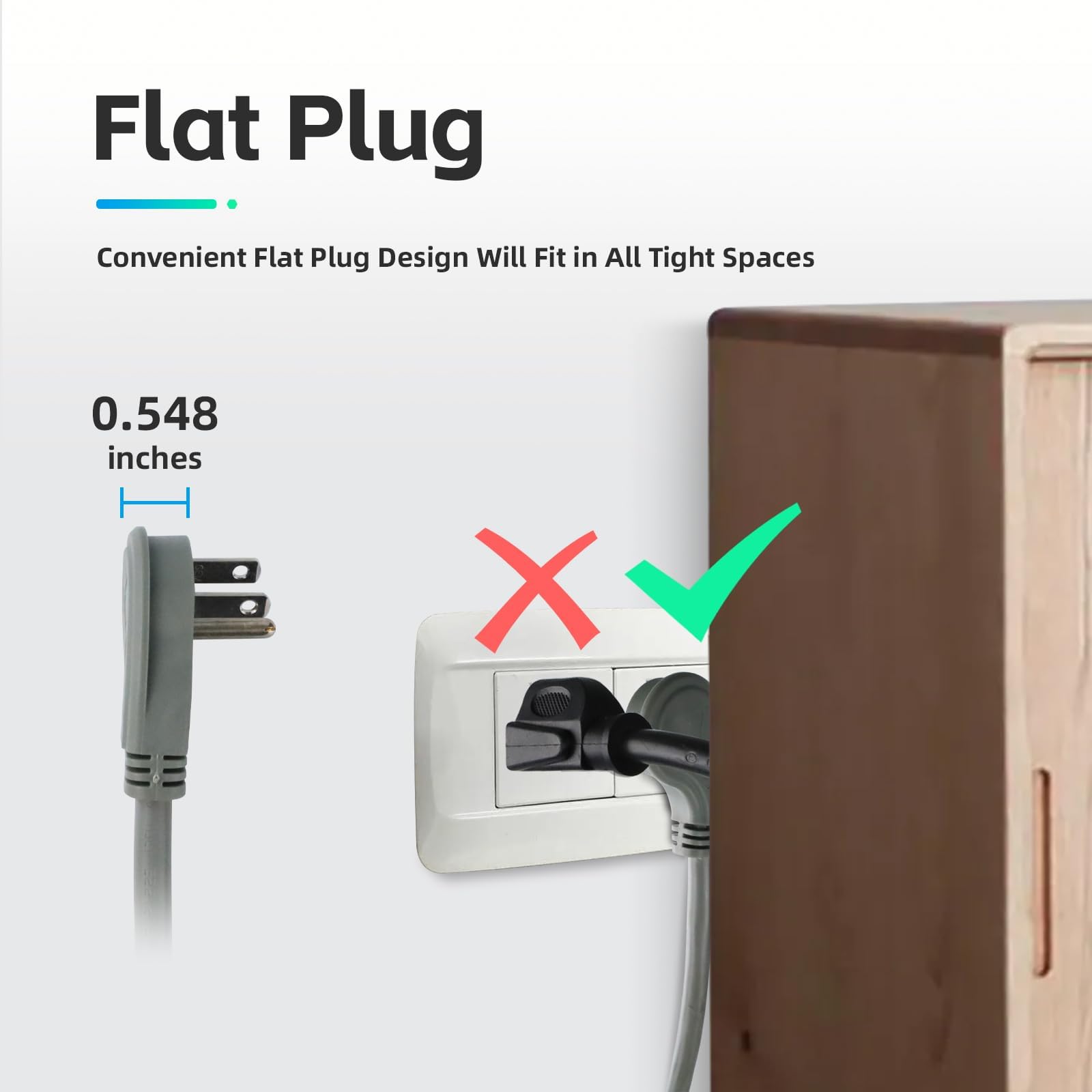 Ep Low Profile 10 Ft Flat Plug Extension Cord   16 Awg 3 Prong Grounded Cable With 3 Outlets, Perfect For Indoor Use, Grey, Ul L