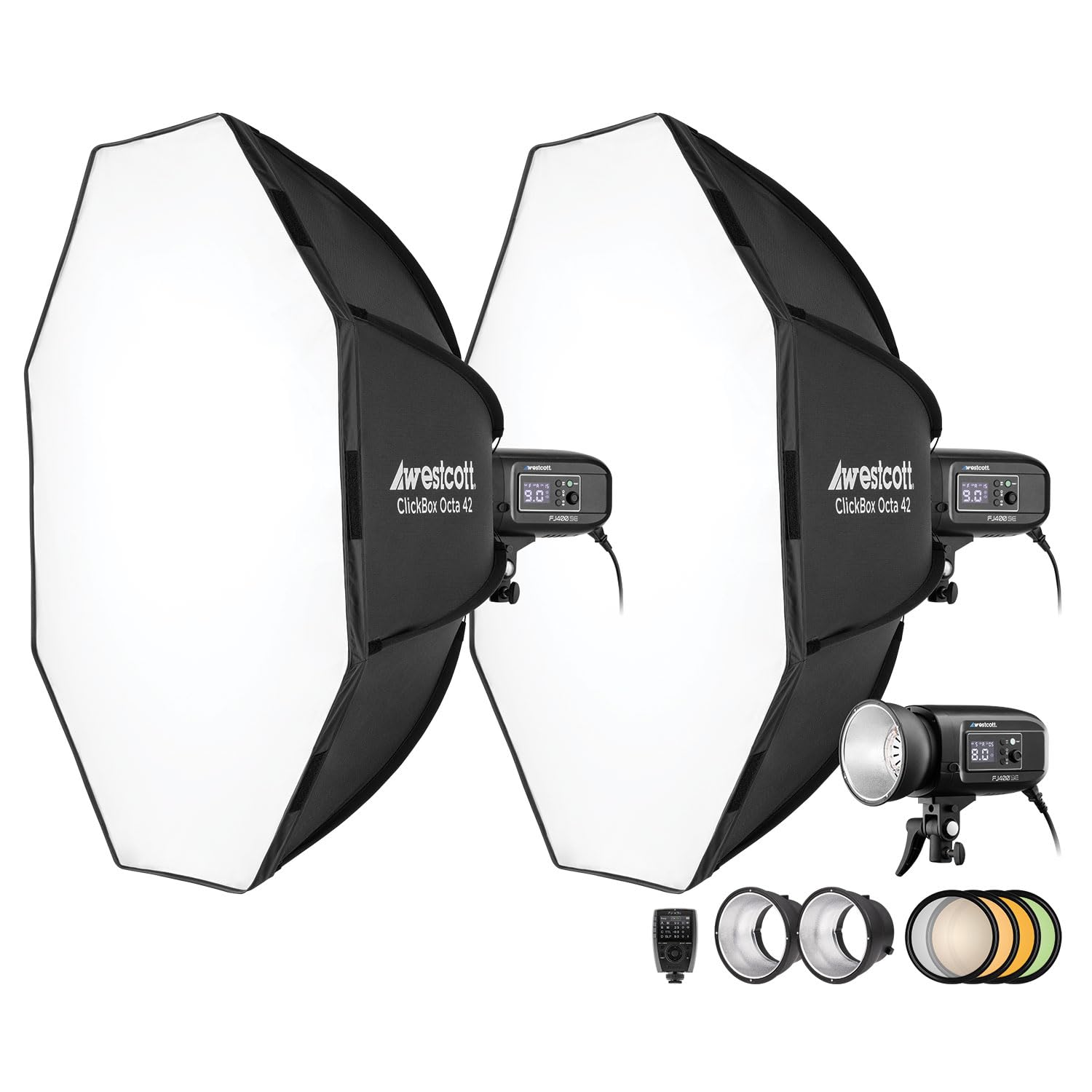 Westcott FJ400-SE 400Ws AC Studio Strobe 3 Light Kit with Compatible Sony Trigger and 2 Octa Softboxes - Fast Recycle, 5500K Col