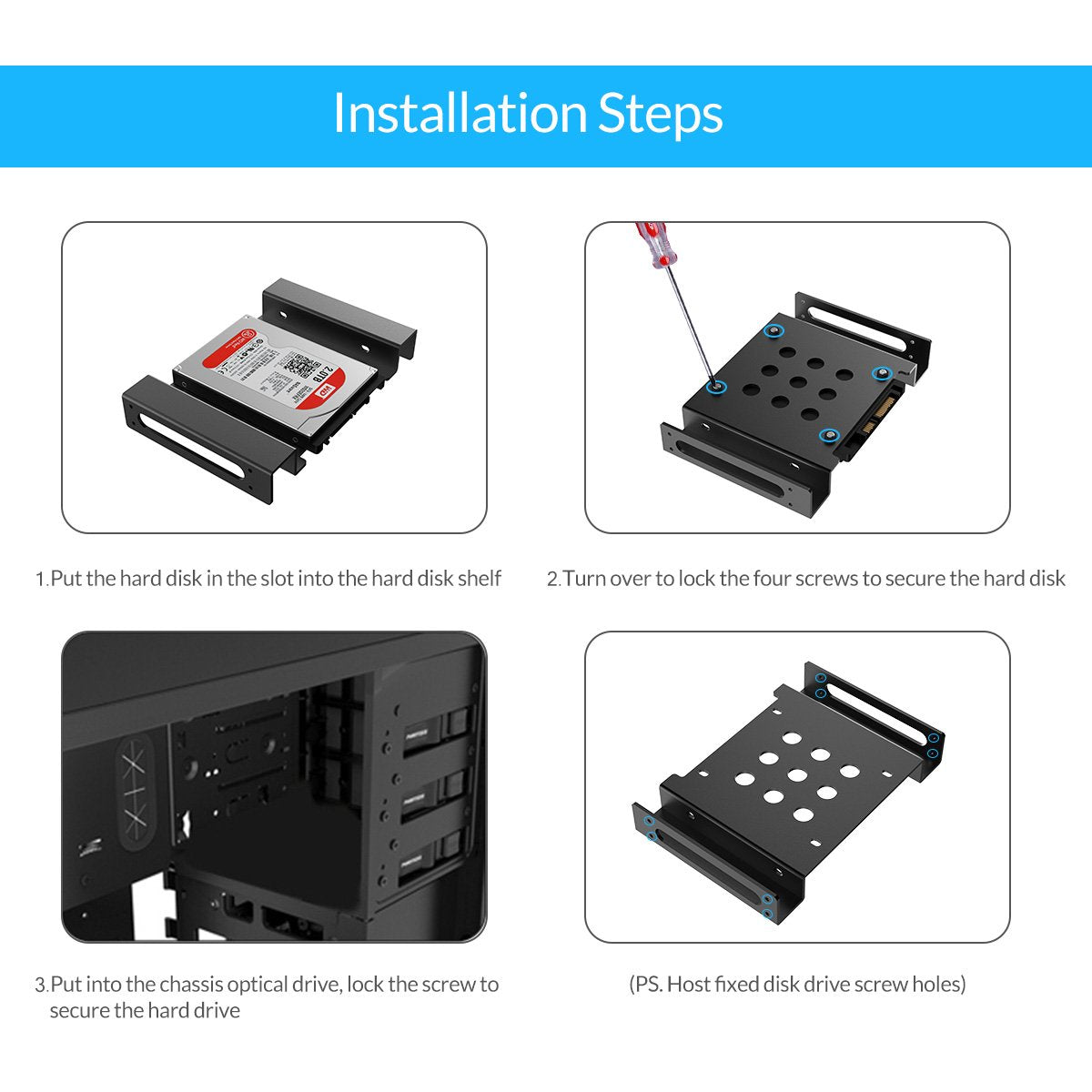 ORICO Aluminum 5.25 Inch to 2.5 or 3.5 Inch Internal Hard Disk Drive Mounting Kit with Screws and Shock Absorption Rubber Washer  Black