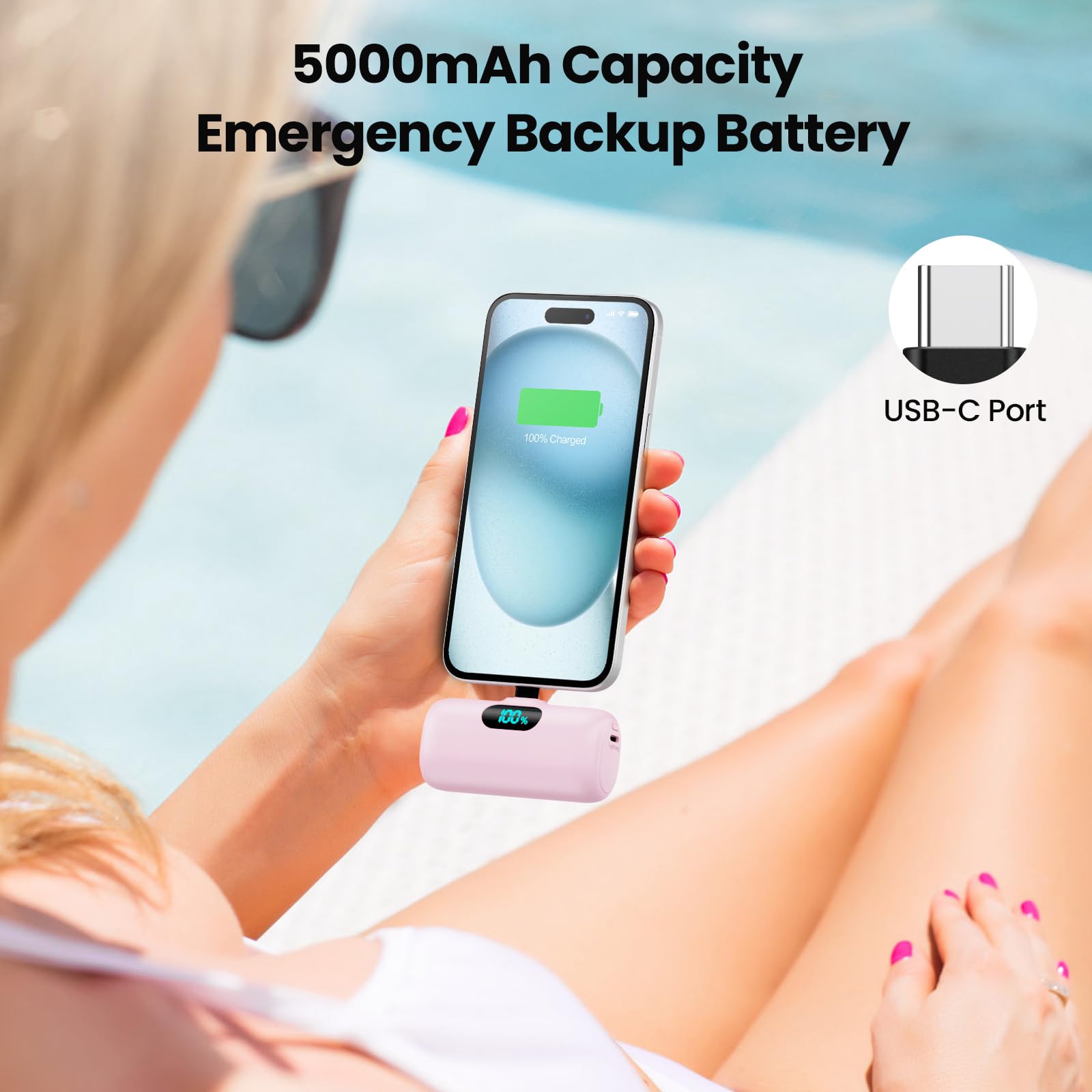 Mini Portable Charger Usb C Power Bank,5000Mah Pd Fast Charging Battery Pack Built In Usb C Connector Lcd Display Compatible Wit