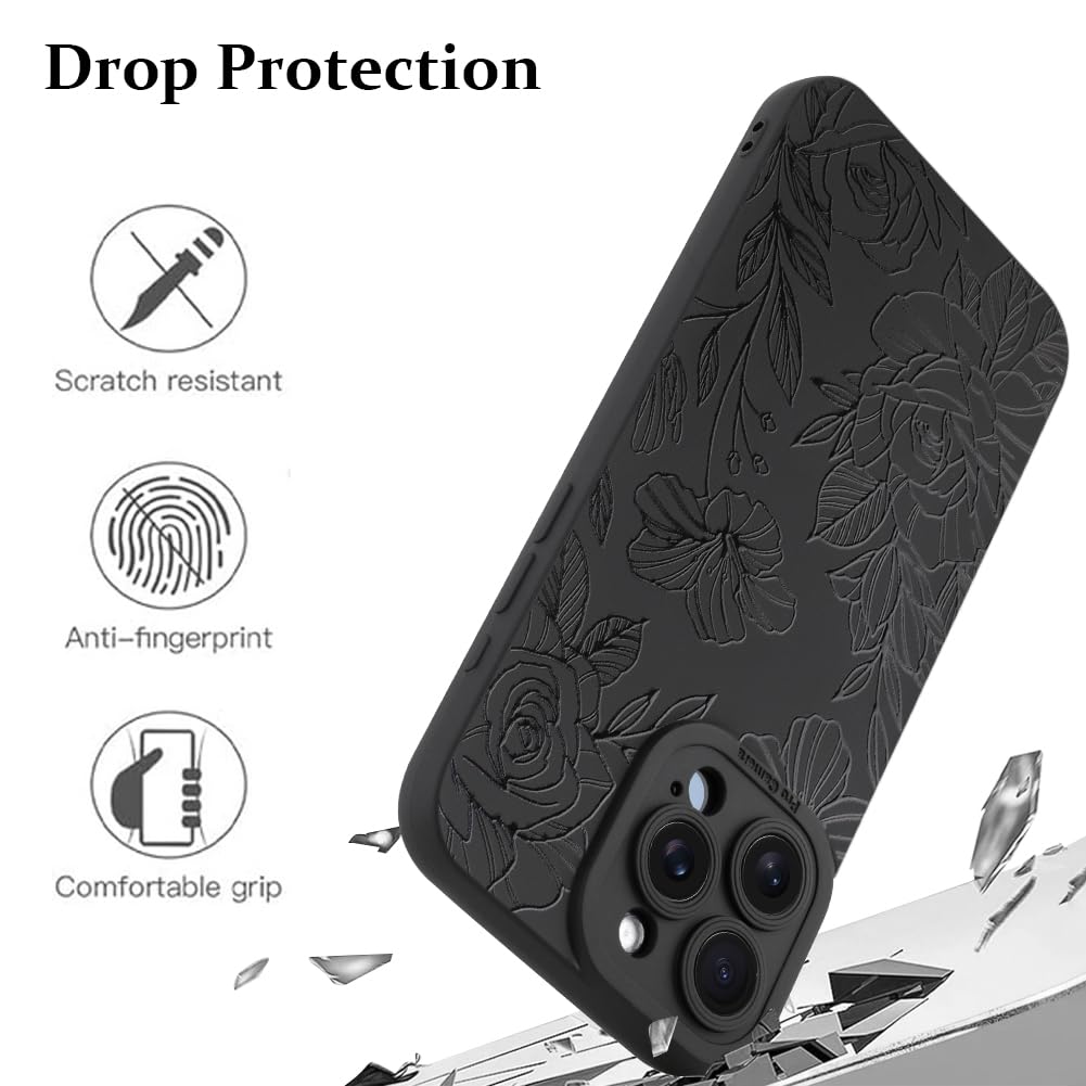Lsl Case For Iphone 15 Pro Max Black Floral Flower Pattern Print Case Soft Tpu Full Camera Lens Anti Drop Anti Scratch Shockproo