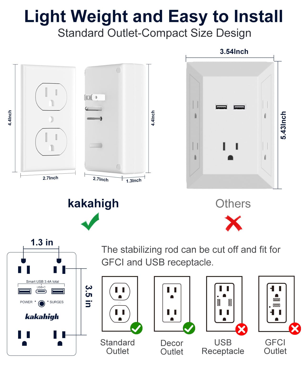 Wall Outlet Extender With Screw, 8 Way Outlets With 1680J Surge Protected, Multi Plug Wall Outlet With Usb Ports, Led Indicator,
