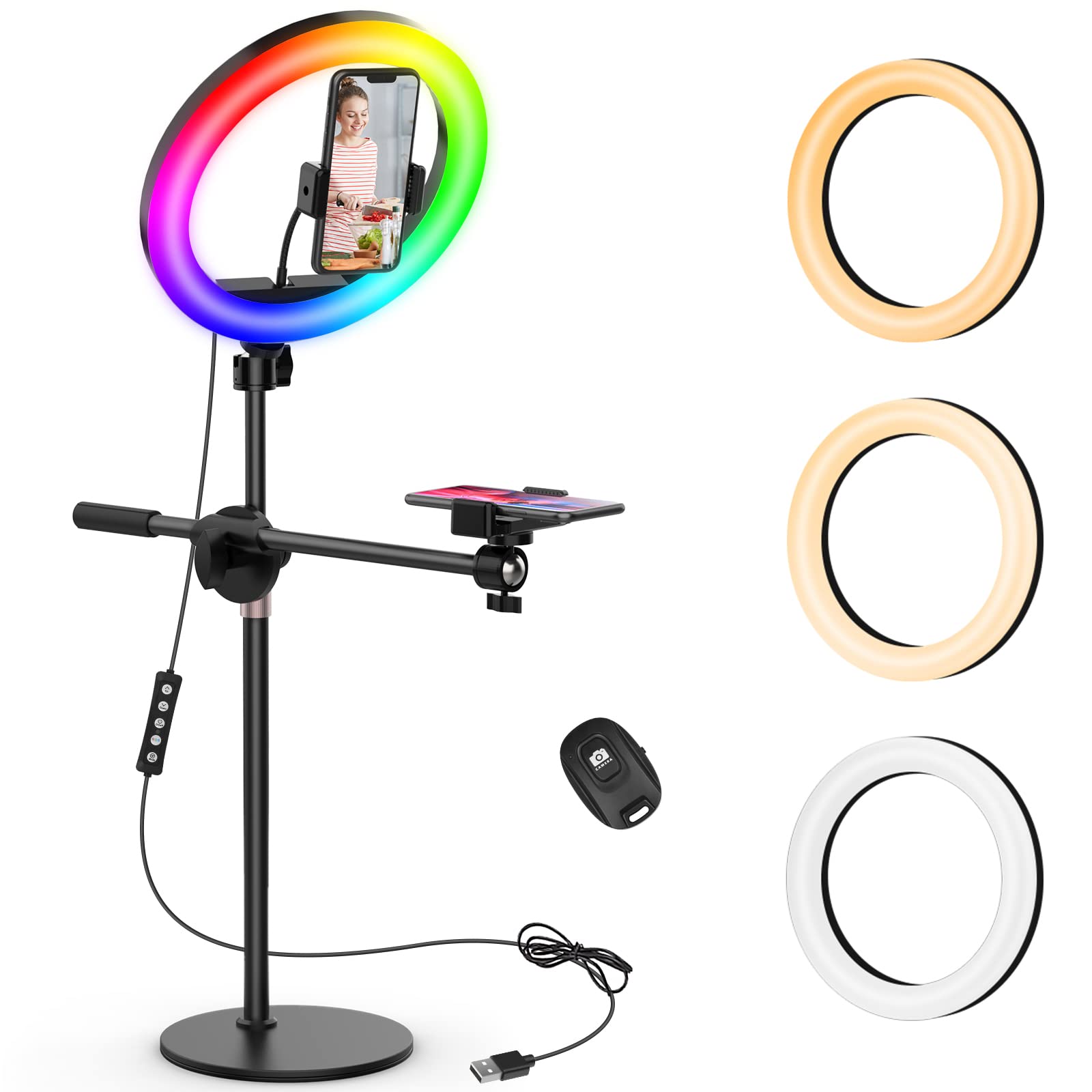 Overhead Phone Camera Mount With Ring Light For Video Recording, Cooking Filming. Content Creator Kit With 10.5'' Rgb Ringlight,