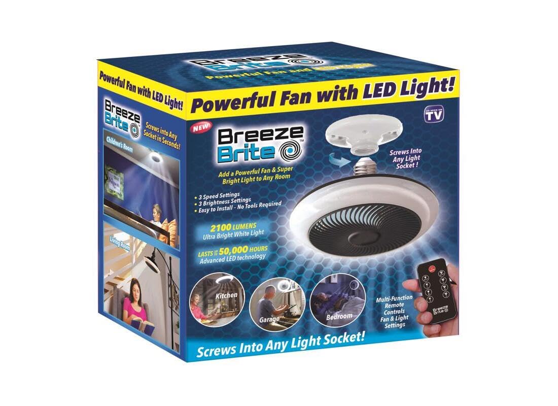 Breeze Brite Ceiling Fan with LED Light, No Tools - Screw into any light socket 3 Speed Settings, 3 Brightness Settings up to 21