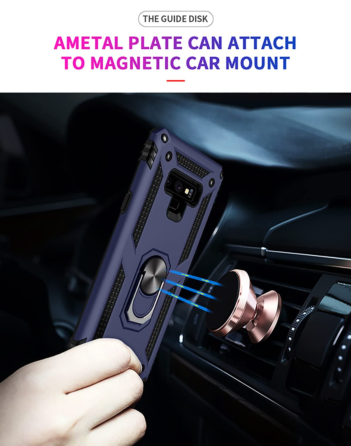 Androgate Galaxy Note 9 Phone Case Military-Grade Ring Holder Kickstand Shockproof Plastic Blue