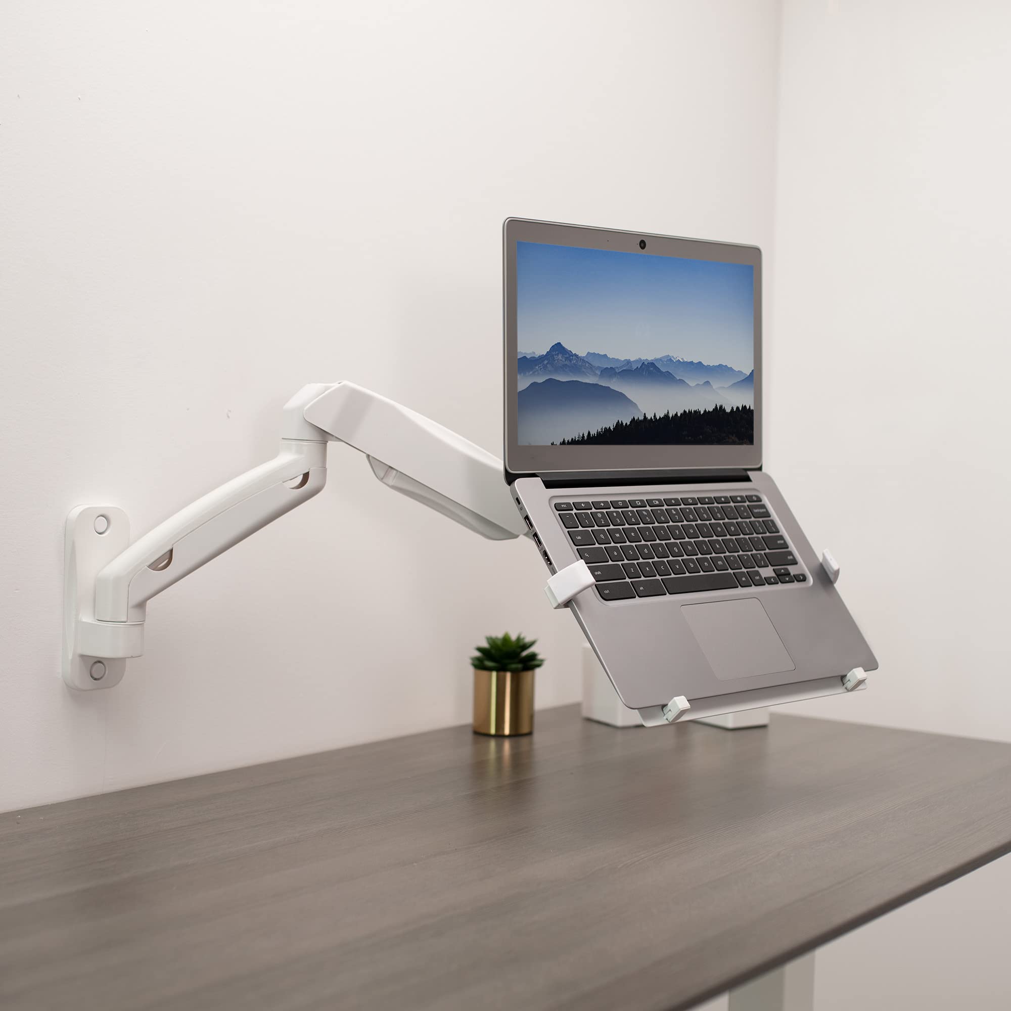 VIVO Height Adjustable Pneumatic Extended Arm Laptop Wall Mount, Full Motion Articulating Notebook Tray, Fits 10 to 15.6 inch Screen, White, MOUNT V001GLW