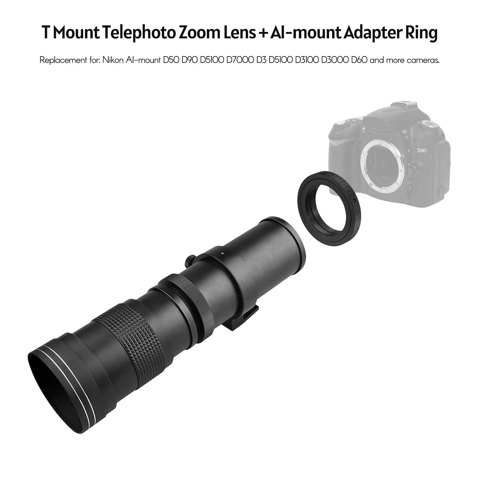Andoer Camera Mf Super Telephoto Zoom Lens F/8.3 16 420 800Mm T2 Mount With Ai Mount Adapter Ring Universal 1/4 Thread Replacement For Nikon Ai Mount D50 D90 D5100 D7000 D3 D5100 D3100 D3000 D60