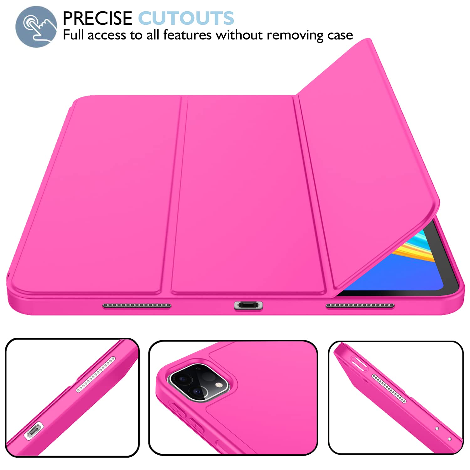 Imieet New Ipad Pro 11 Inch Case 2022(4Th Gen)/ 2021(3Rd Gen) With Pencil Holder [Support Ipad 2Nd Pencil Charging/Pair],Trifold Stand Smart Case With Soft Tpu Back,Auto Wake/Sleep(Rose Red)