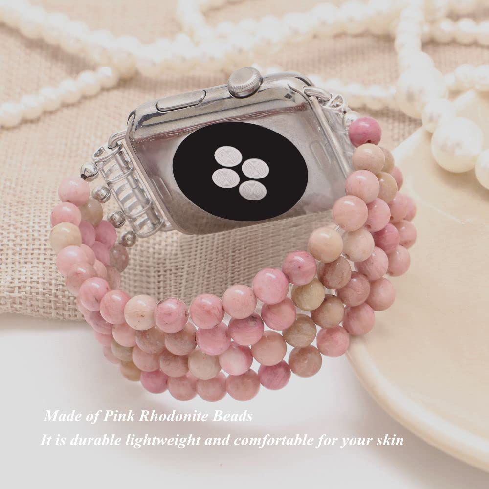 Kai Top Beaded Bracelet Compatible With Apple Watch Band 38Mm/40Mm/41Mm For Women Girls, Natural Pink Rhodonite Beaded Elastic B