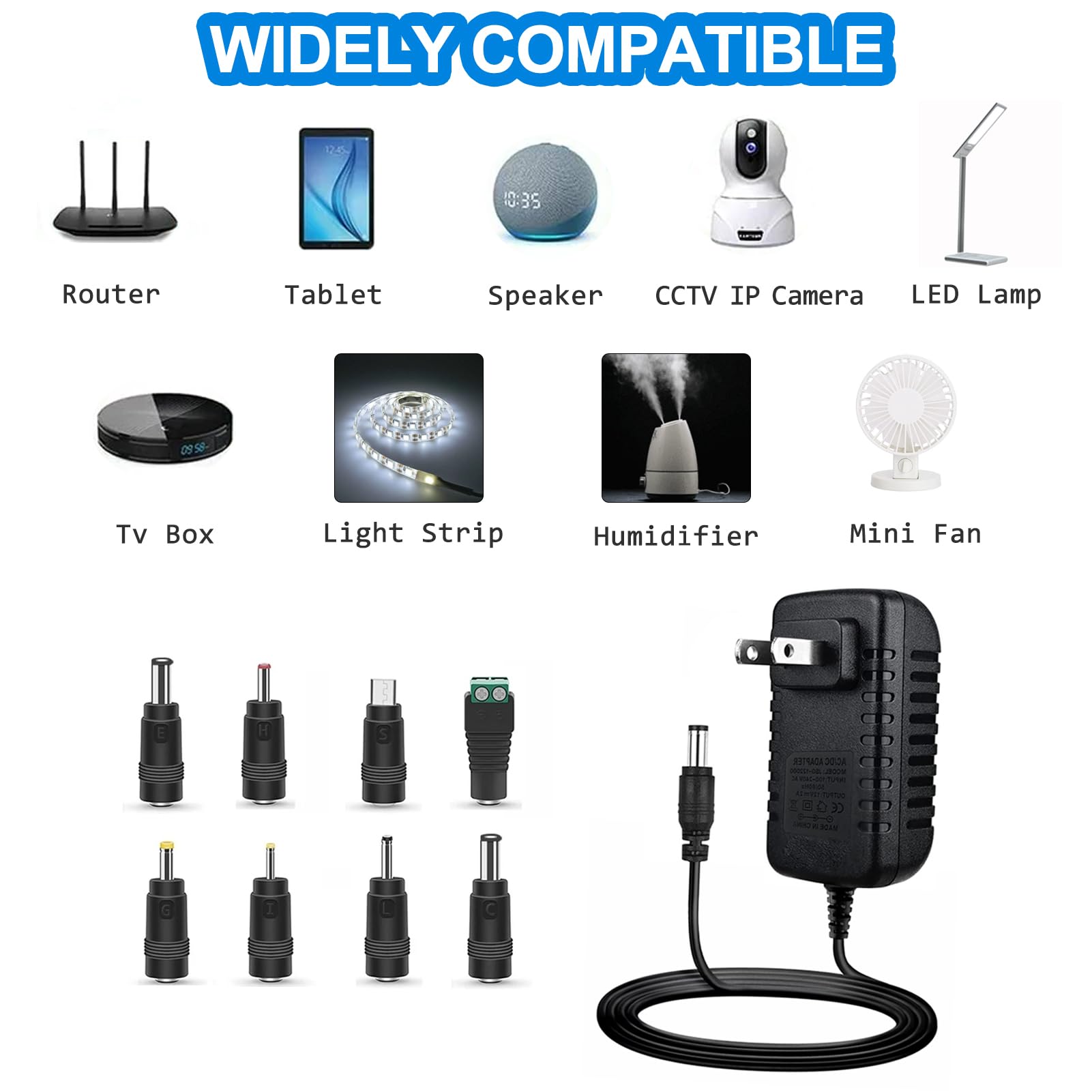 5V 2A Power Adapter, Dc 5V Power Cord With 8 Selectable Plug, Universal Power Adapter For Led Power Supply, Cctv Camera, Bt Spea