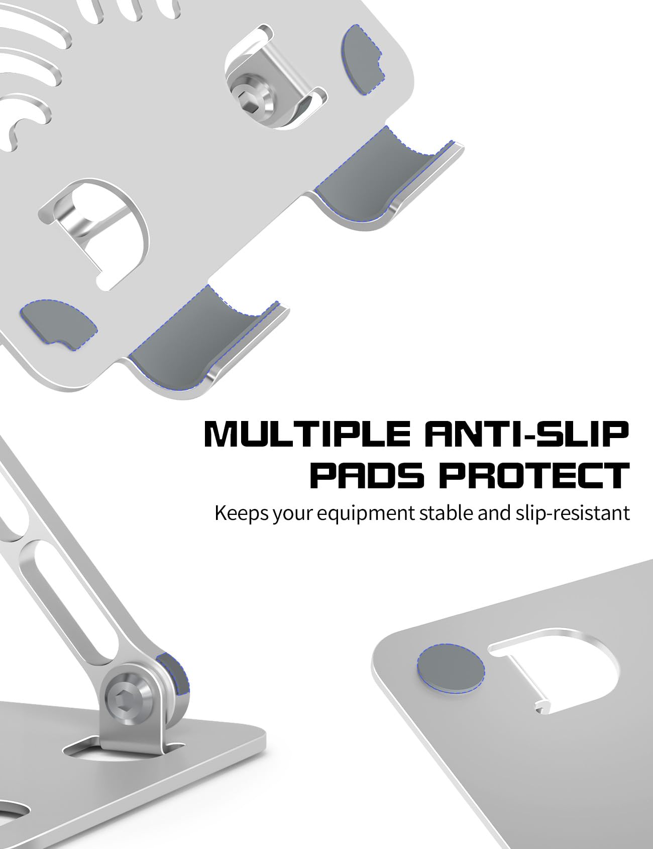 ToBeoneer Adjustable Tablet Stand for Desk, Premium Aluminum Holder for iPads, Tablets, Kindles, Switch, Phones, and All Devices up to 14 Inches. Portable and Foldable Silver, Plus Size