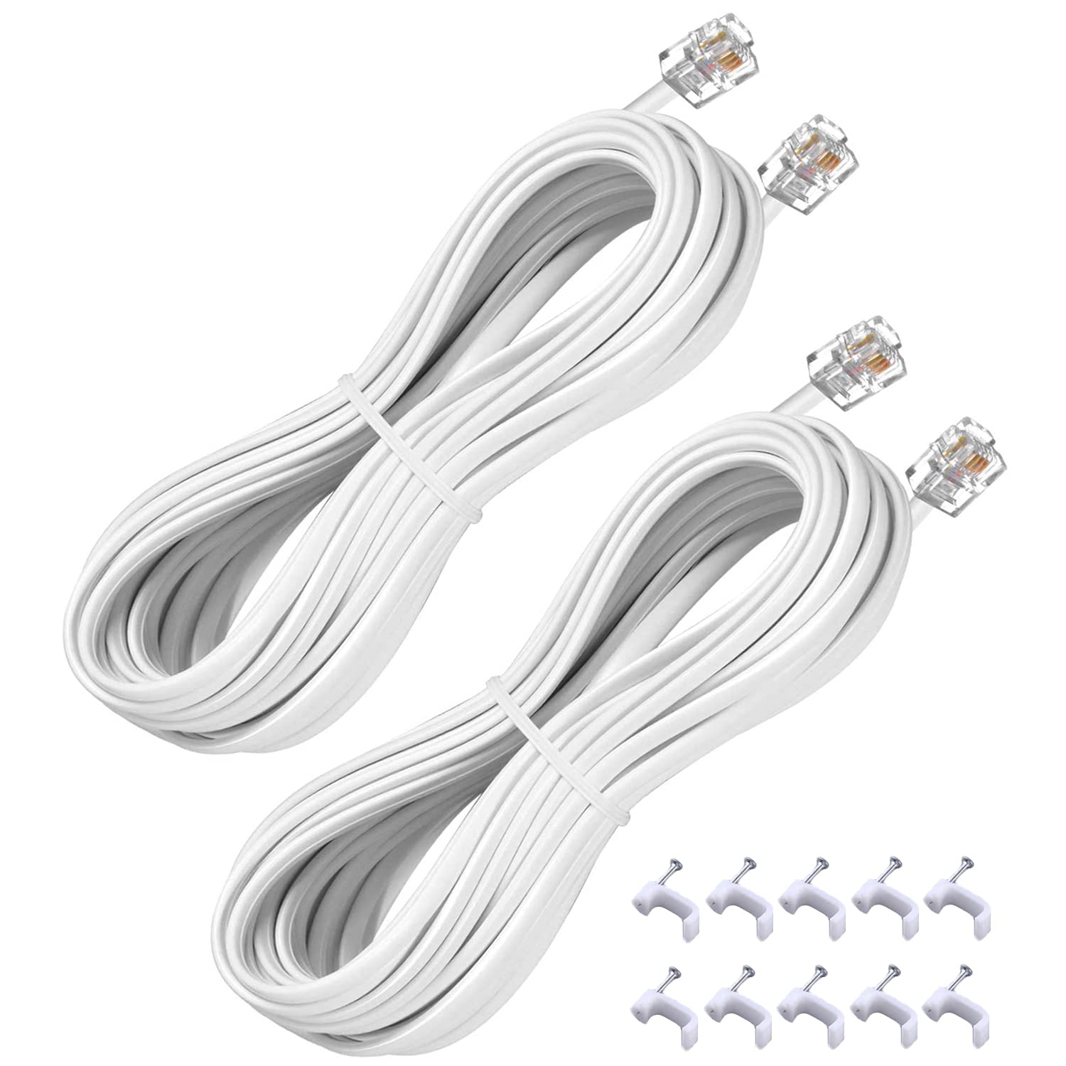Yienfbev 25Ft Telephone Extension Cord Cable, Landline Phone Line Wire With Rj11 6P4C Plugs, Includes Cable Clips   White   2 Pa