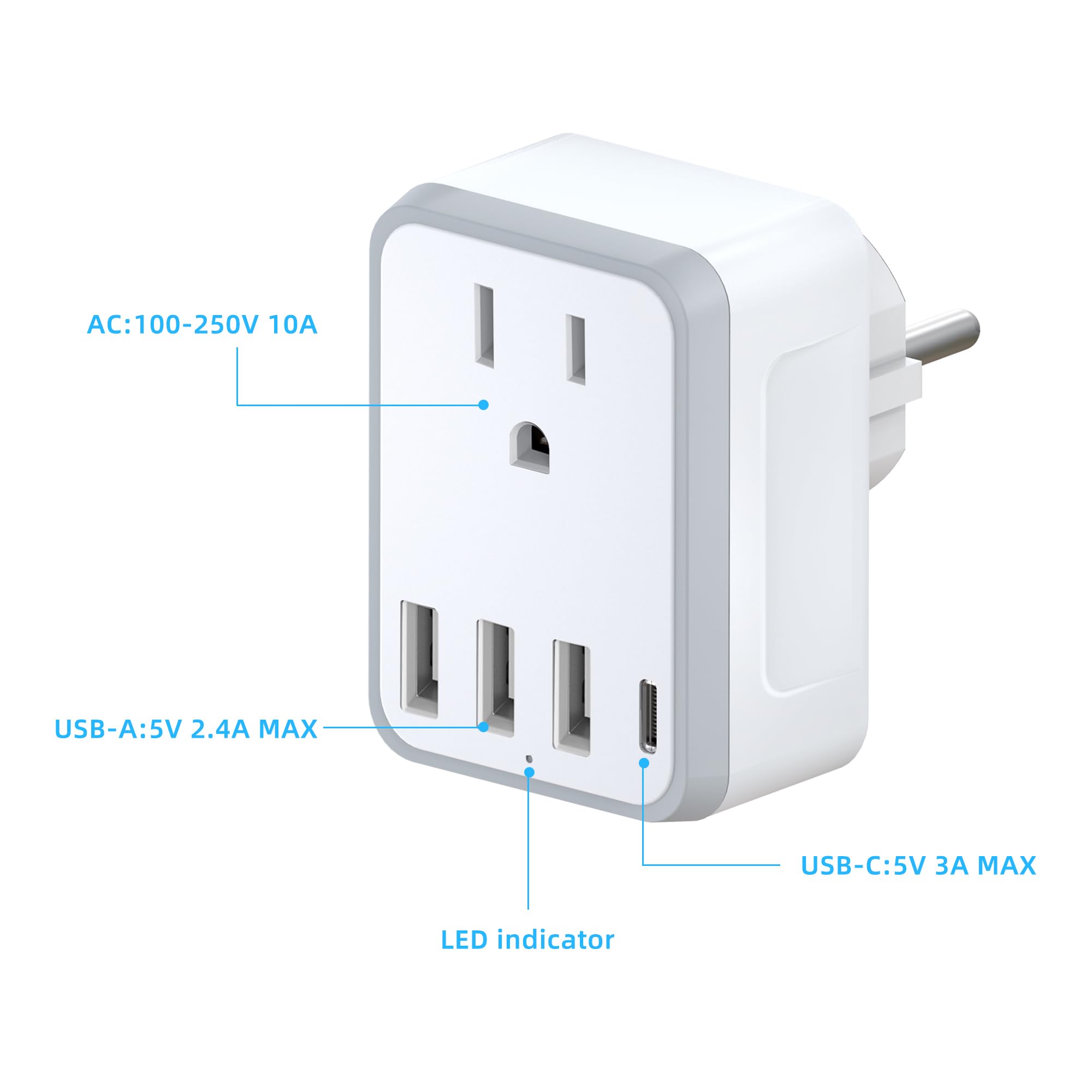 Yinleader Europe Germany France South Korea Type E/F Plug Adapter With 1 Usb C,3 Usb Ports And 1 Outlet   Us To Eu Travel Conver