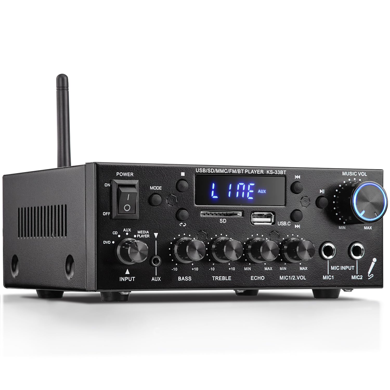 Facmogu Ks 33Bt 2.1Ch Stereo Audio Amplifier With Active Subwoofer Output, Rms 60Wx2 Max 400Wx2 Mini Bt Amp Home Theater Stereo, Bluetooth 5.0 Hifi Receiver W/Mic/Echo/Usb/Sd/Aux/Fm