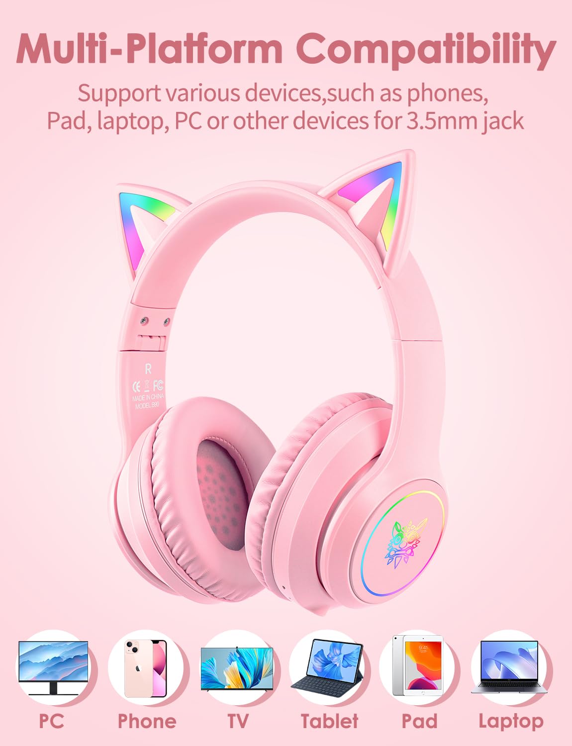 Onitoon Cat Ear Bluetooth Headphones With Micphone For Kids & Adults, Led Light Up Wireless Hi-Fi Sound Quality, Over-Ear Headph