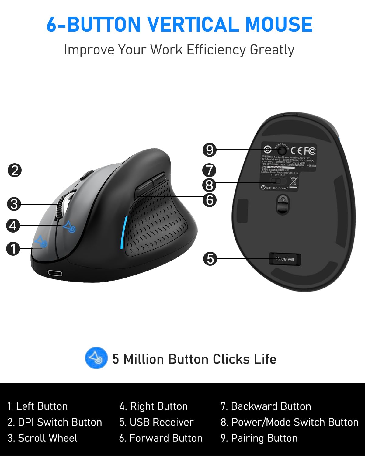 Ergonomic Mouse, E Yooso Wireless Vertical Mouse With 6 Buttons, 5 Adjustable Dpi Levels, Up To 4800 Dpi, 2.4G And Bluetooth Rec