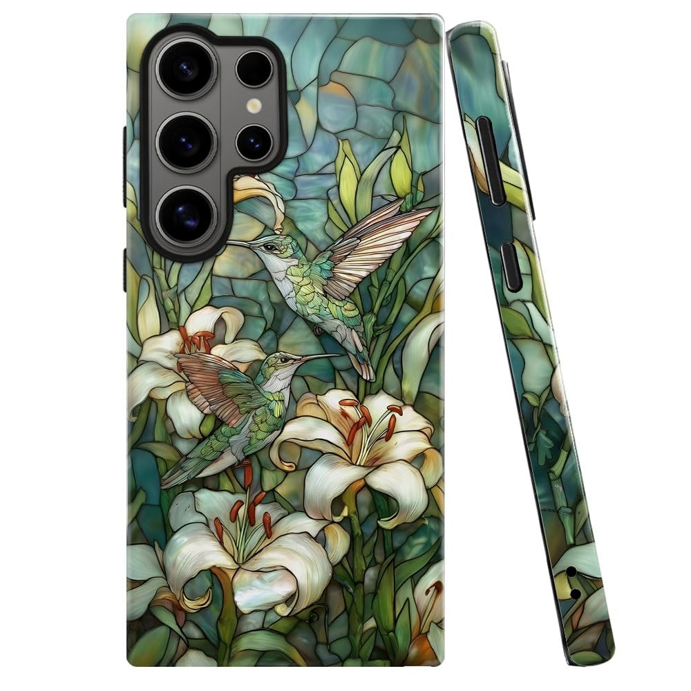 Case for Samsung Galaxy S26 Ultra,Stained Glass Hummingbird Lily Phone Case Military-Grade Drop Protection Cover for Women Girl 