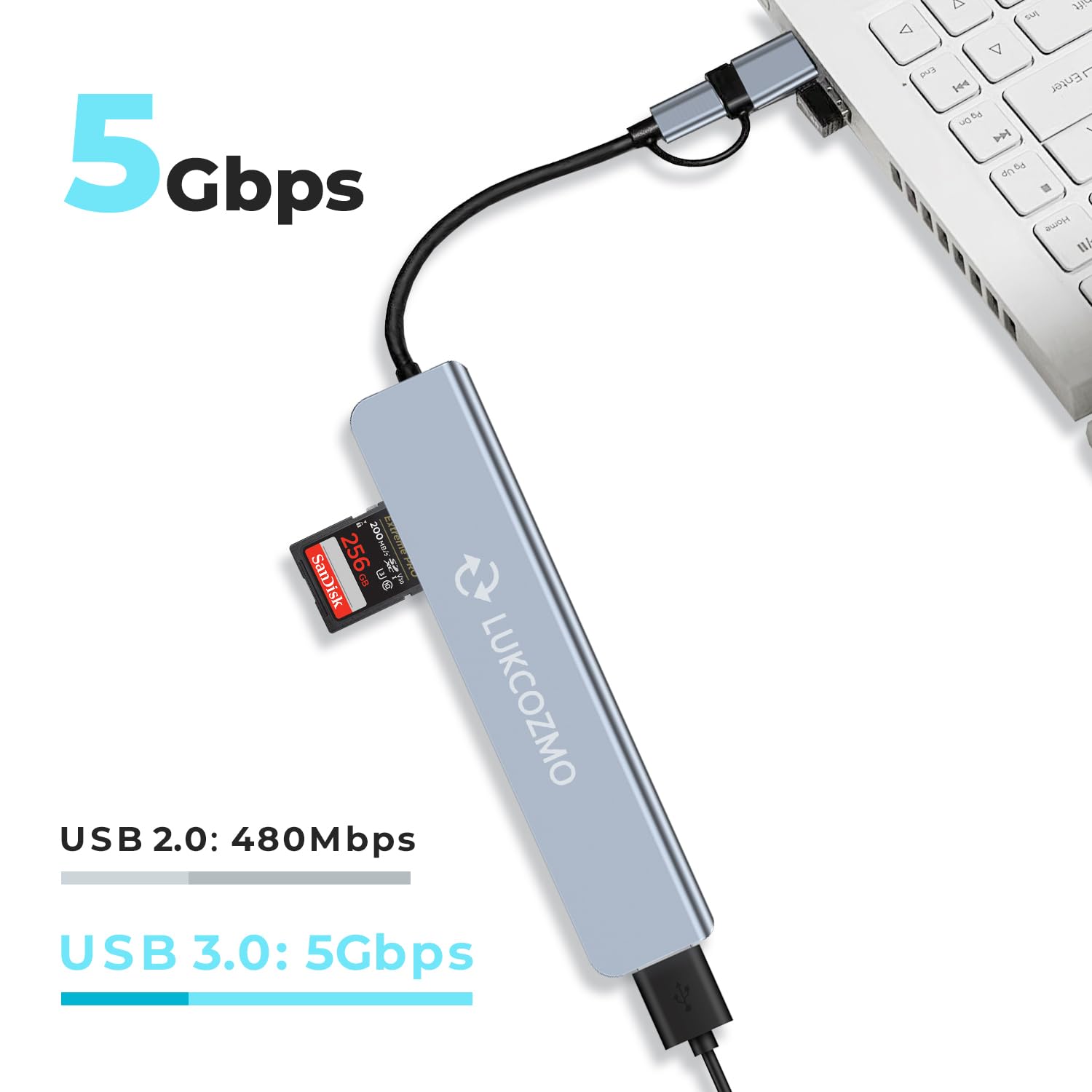 Lukcozmo Usb Hub Usb C Hub Usb Splitter 7 In 1 Usb Extender With 4 Usb Port 1 Usbc Port Tf/Sd Card Reader Audio Output Compatibl