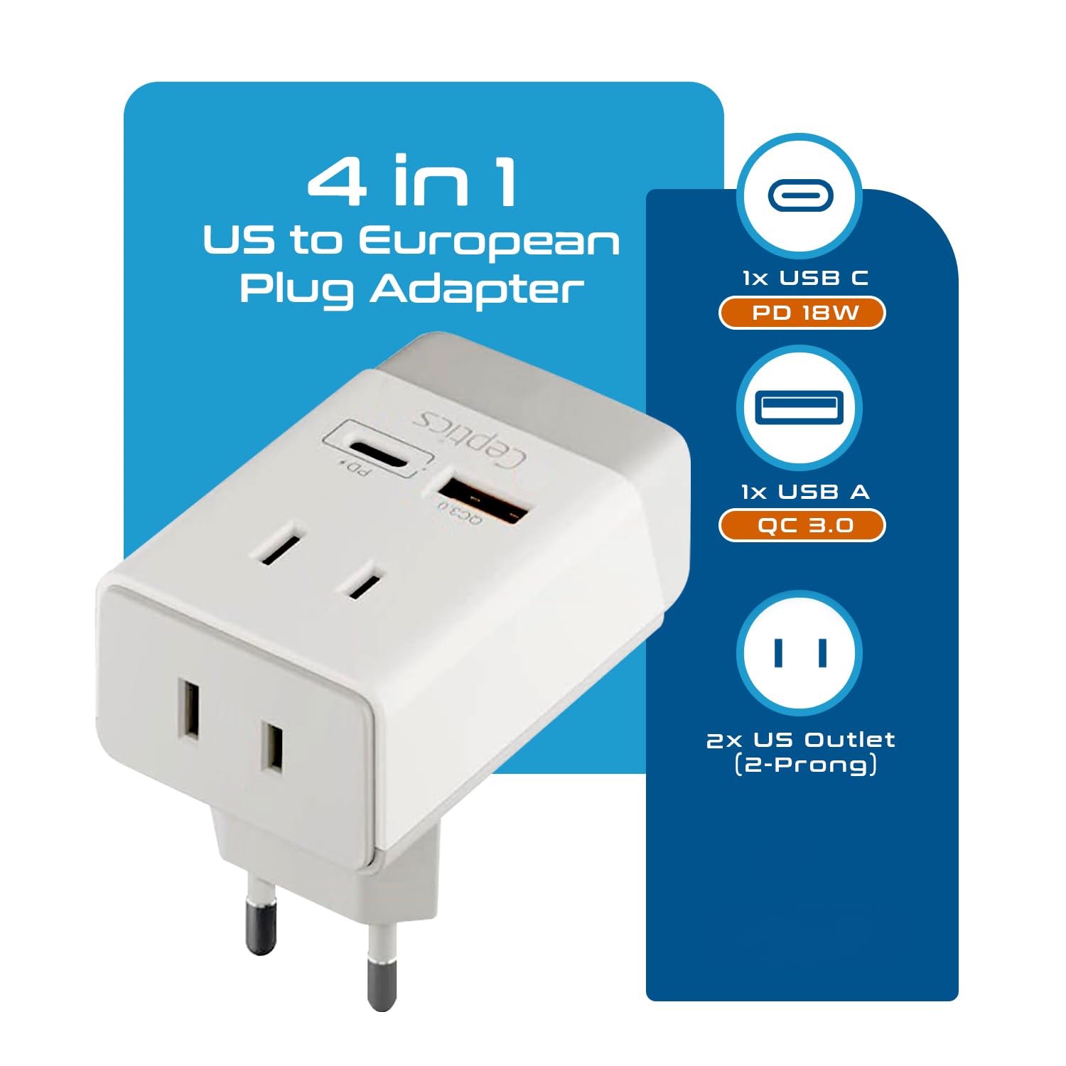 Ceptics 2 Pack European Travel Plug Adapter, Us To Europe Plug Adapter, 18W Pd-Qc 3.0, Dual Usb & Usb-C - 2 Usa Socket - Compact