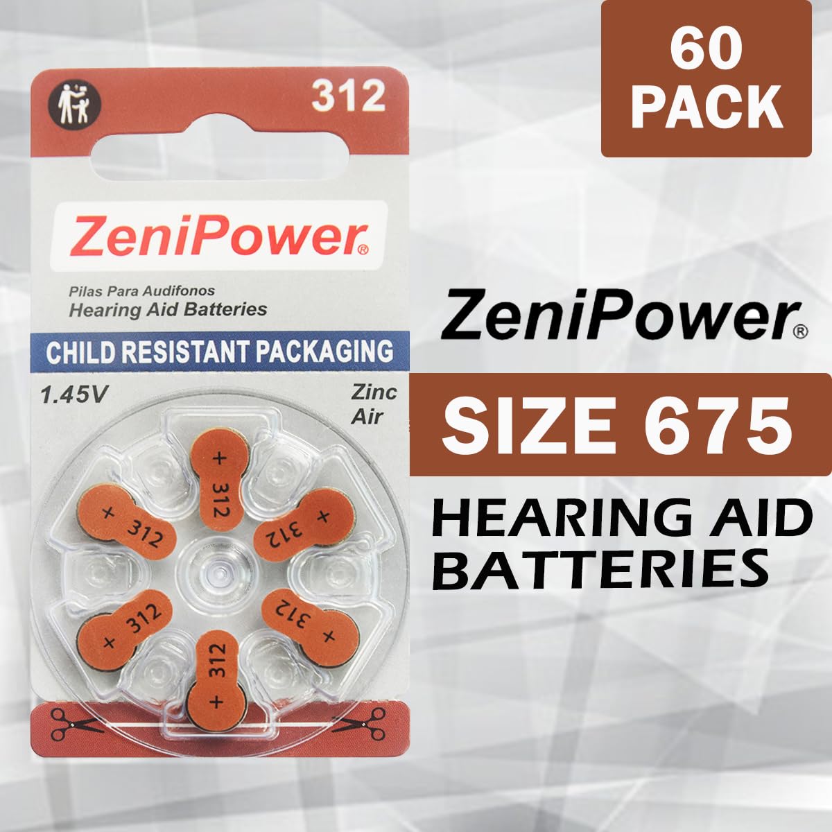 Zenipower Hearing Aid Batteries, Size 312 (60 Batteries)