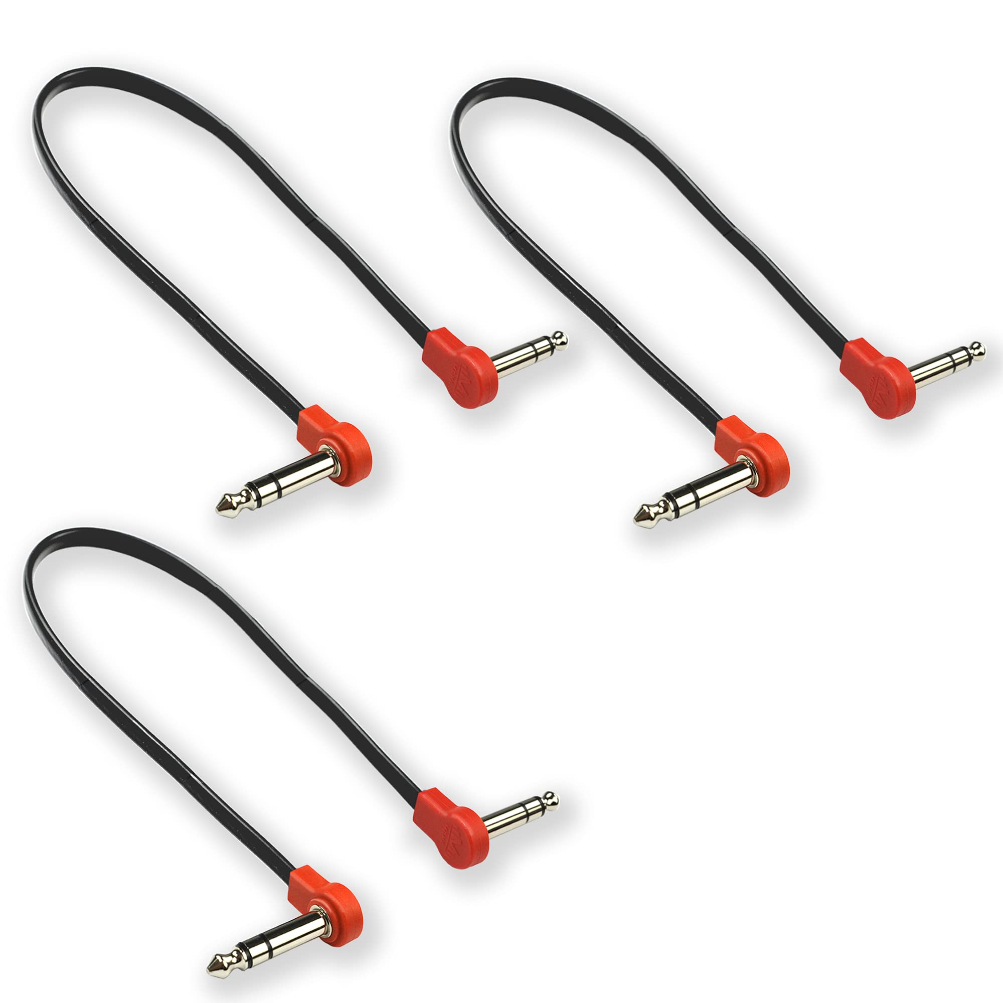 M Maka Flat Low Profile Stereo Guitar Patch Cable 20 Inch For Effects Pedals, 1/4 Inch Trs Right Angle, Red, 3 Pack