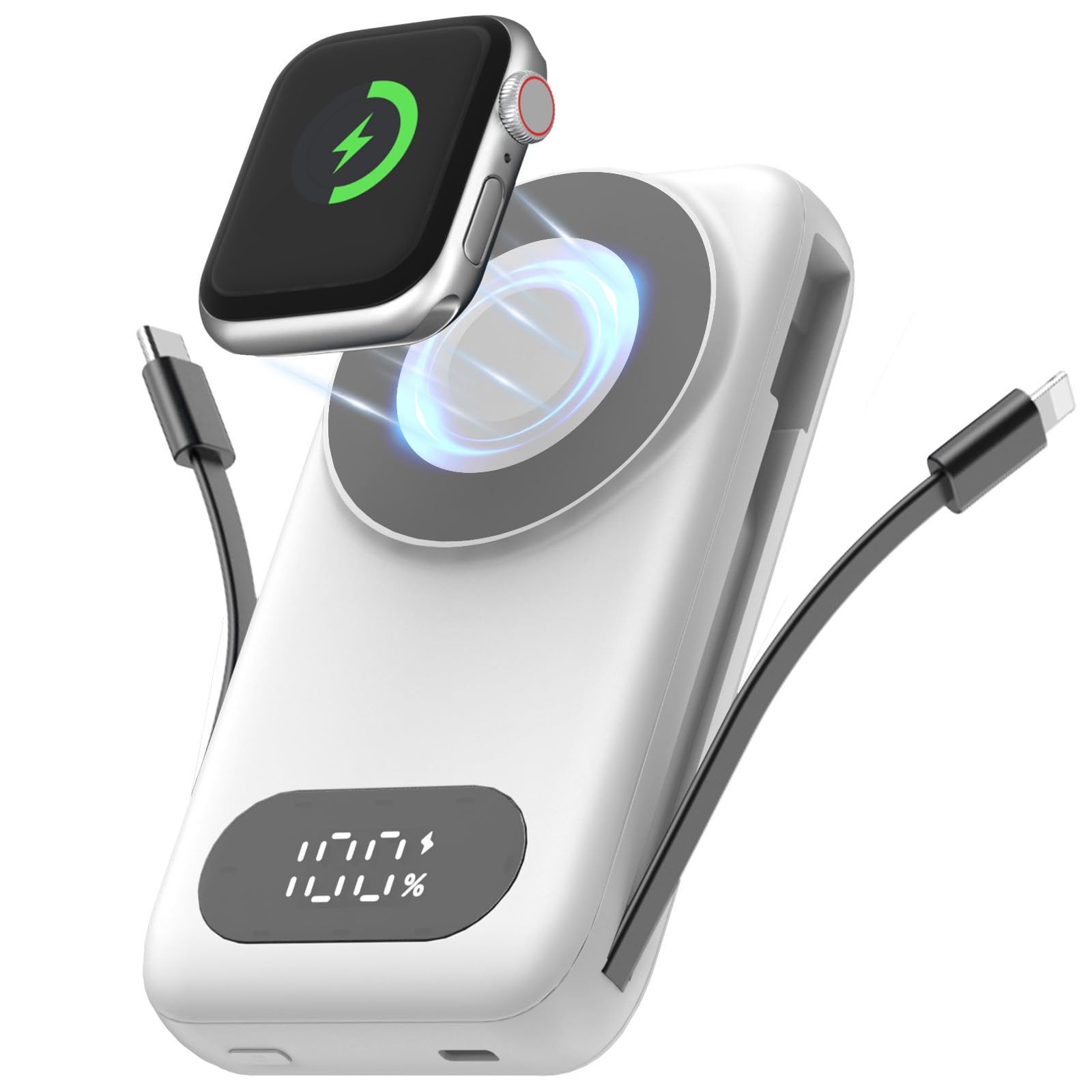 HUAENG Magnetic Portable Charger 26800mAh for iPhone 17/16/15/14/13/12 with Builtin Cables,6in1 Wireless Power Bank with iWat