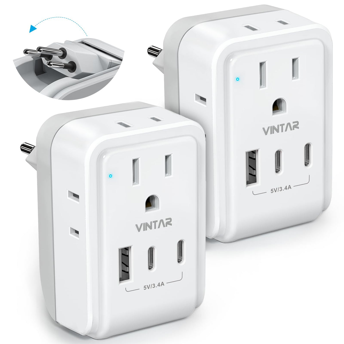 2 Pack Brazil Power Adapter, Vintar Foldable Us To Brazil Travel Adaptor With 4 American Outlets 3 Usb Ports(2 Usb C), 7 In 1 Ty