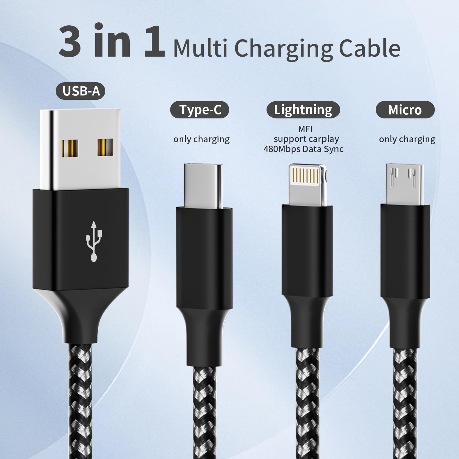 Firsting Multi Charging Cable, (2 Pack 4Ft) Multi Usb Charger Cable 3 In 1 Charging Cable Nylon Braided Universal Usb Charging C