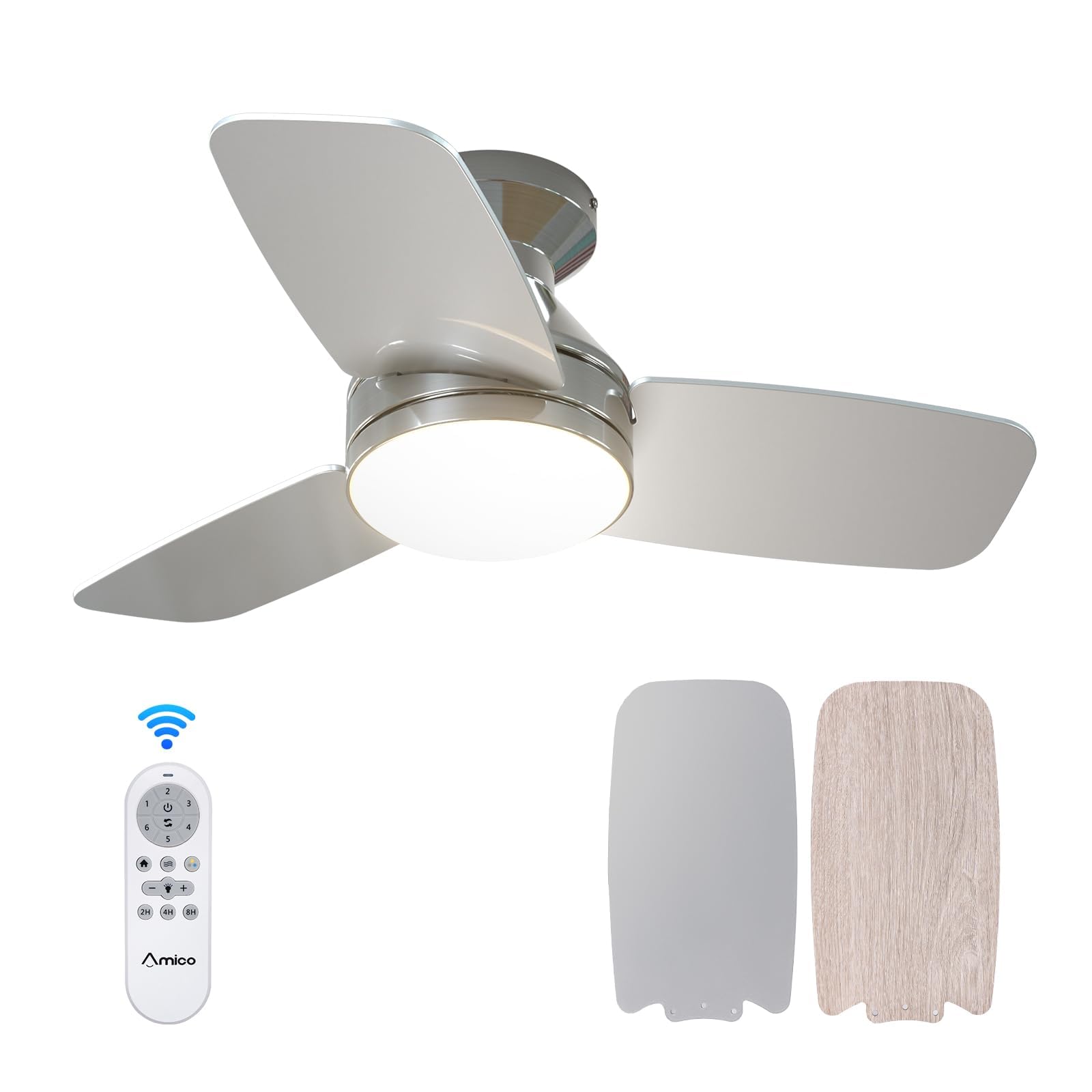 Amico Ceiling Fans With Lights, 30 Inch Low Profile Ceiling Fan With Light And Remote Control, Flush Mount, Reversible, 3Cct, Di